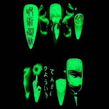 Gojo Satoru Nails – Glow-in-the-Dark Jujutsu Kaisen JJK Press-On Set, Neon Green Domain Expansion Design | Dragonnail