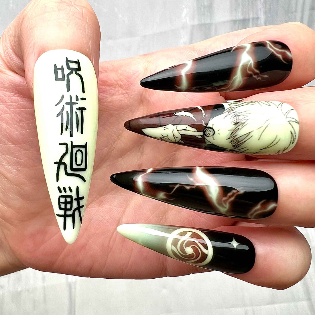 Gojo Satoru Nails – Glow-in-the-Dark Jujutsu Kaisen JJK Press-On Set, Neon Green Domain Expansion Design | Dragonnail