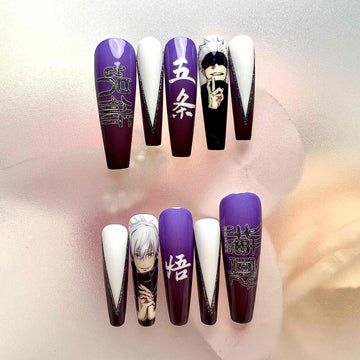 Jujutsu Kaisen Satoru Gojo Press-On Nails | Limitless Six Eyes Curse Technique Anime Set | Purple Ombre, Kanji &amp; White V-Tips | Dragonnail