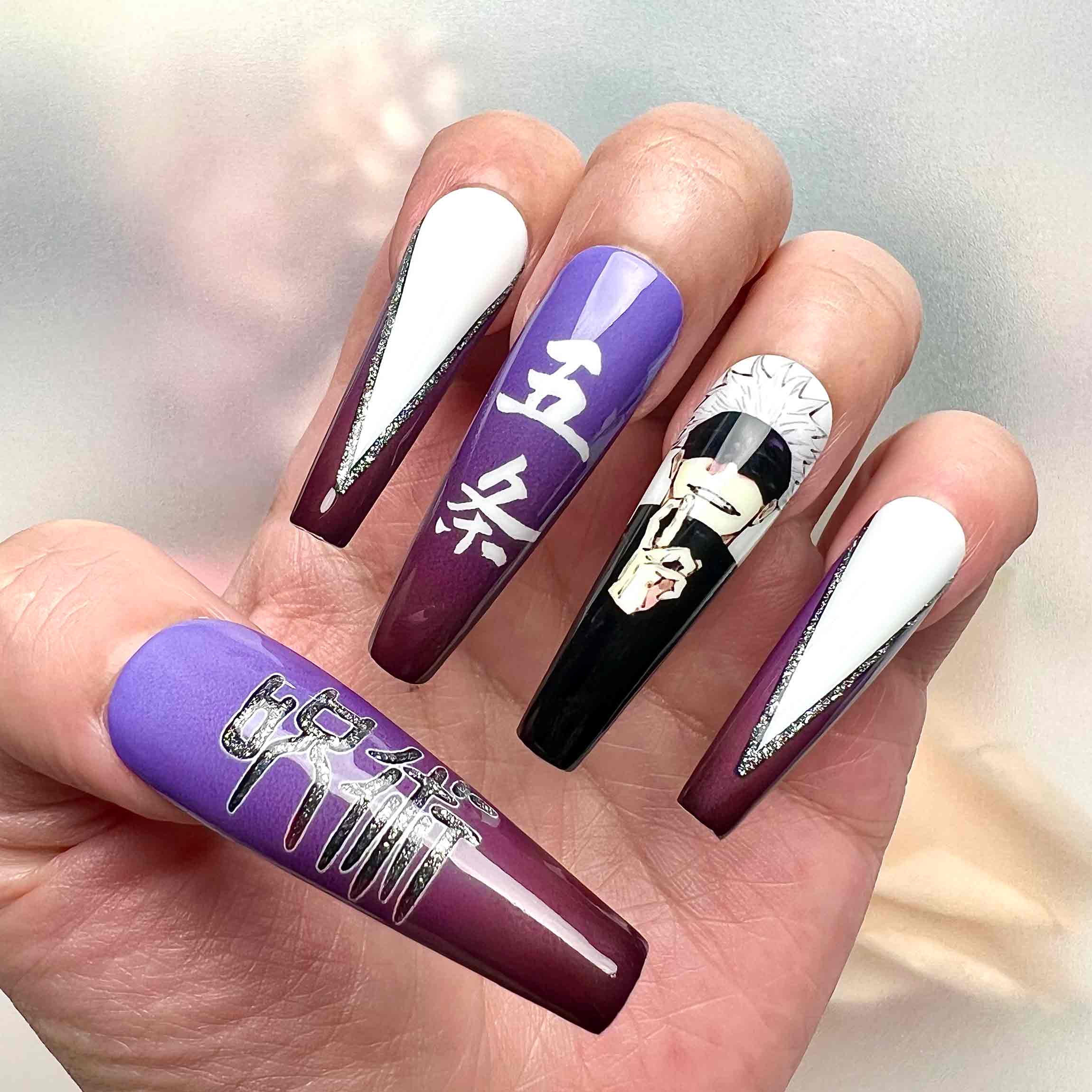 Jujutsu Kaisen Satoru Gojo Press-On Nails | Limitless Six Eyes Curse Technique Anime Set | Purple Ombre, Kanji &amp; White V-Tips | Dragonnail