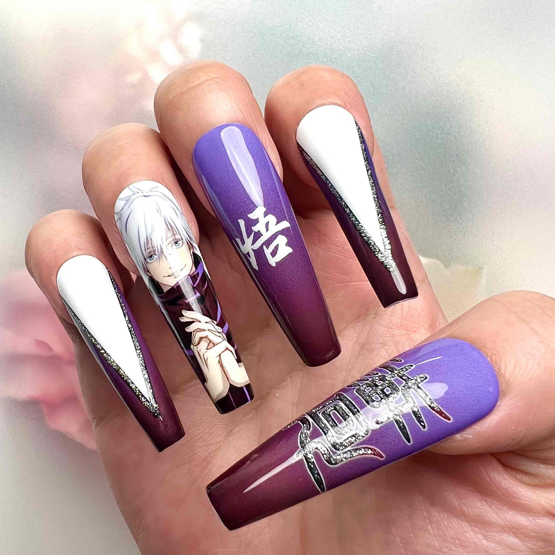 Jujutsu Kaisen Satoru Gojo Press-On Nails | Limitless Six Eyes Curse Technique Anime Set | Purple Ombre, Kanji &amp; White V-Tips | Dragonnail