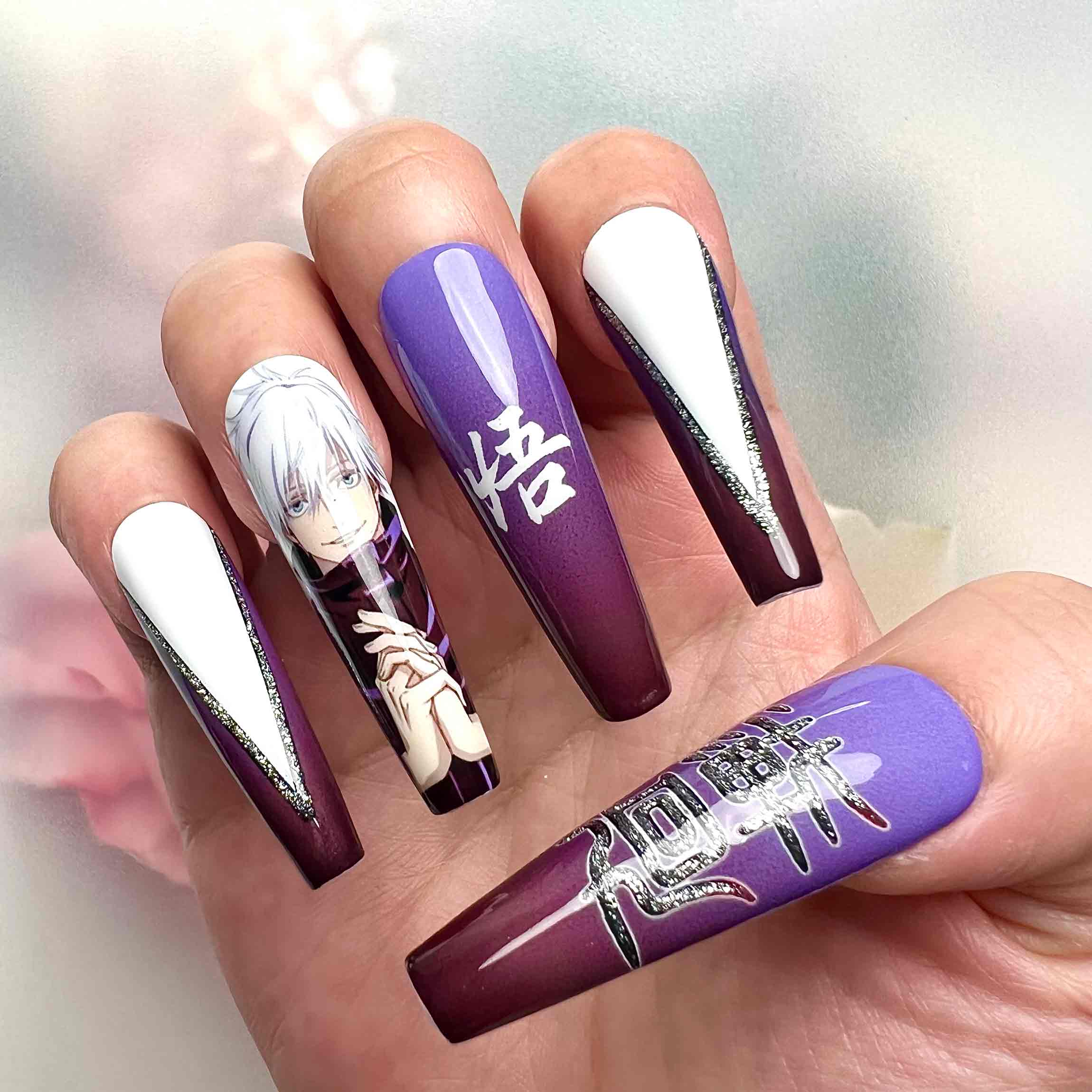 Jujutsu Kaisen Satoru Gojo Press-On Nails | Limitless Six Eyes Curse Technique Anime Set | Purple Ombre, Kanji &amp; White V-Tips | Dragonnail