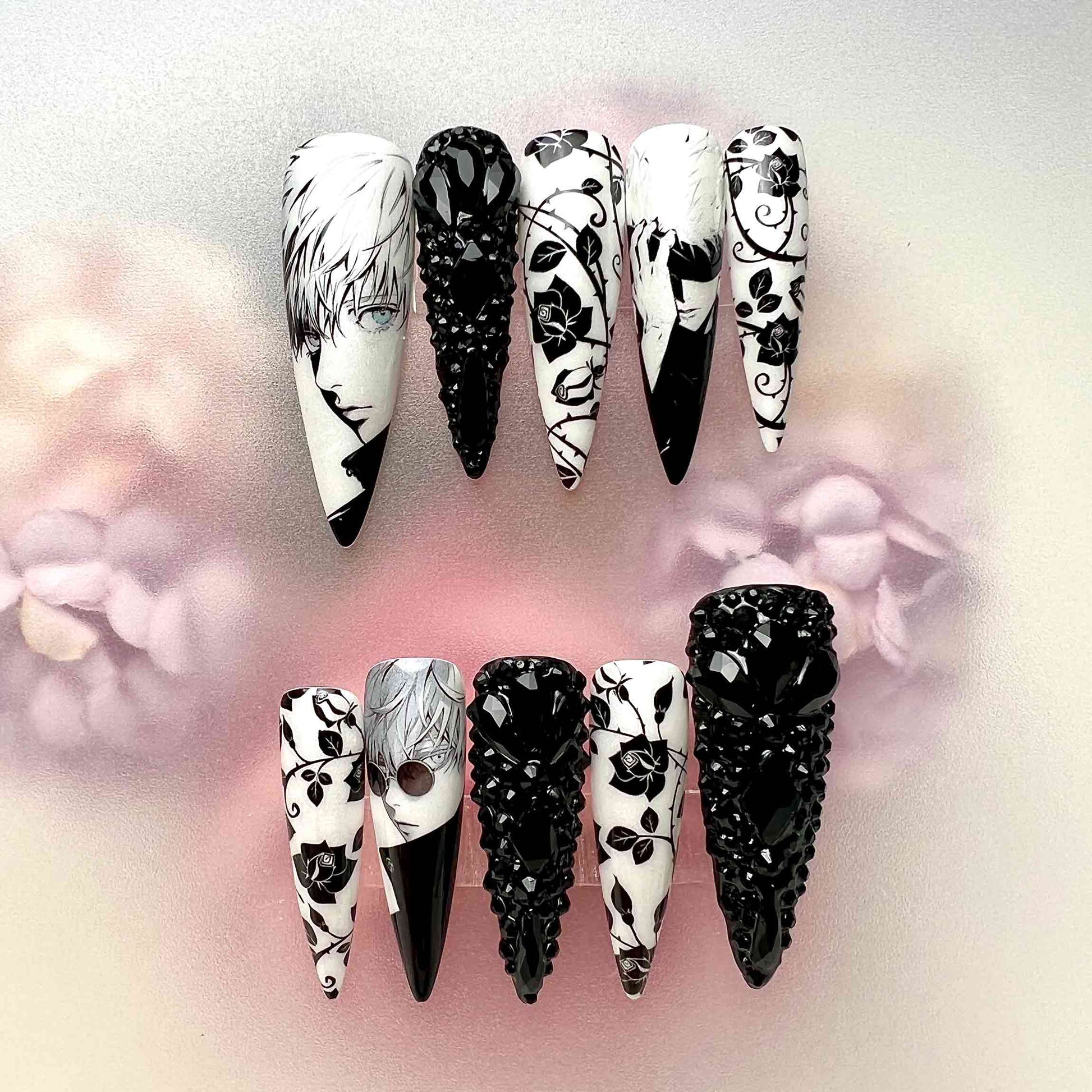 Tokyo Ghoul Nails – Ken Kaneki Press-On Set, 3D Black Crystal &amp; Monochrome Rose Gothic Anime Design | Dragonnail