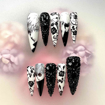 Tokyo Ghoul Nails – Ken Kaneki Press-On Set, 3D Black Crystal &amp; Monochrome Rose Gothic Anime Design | Dragonnail