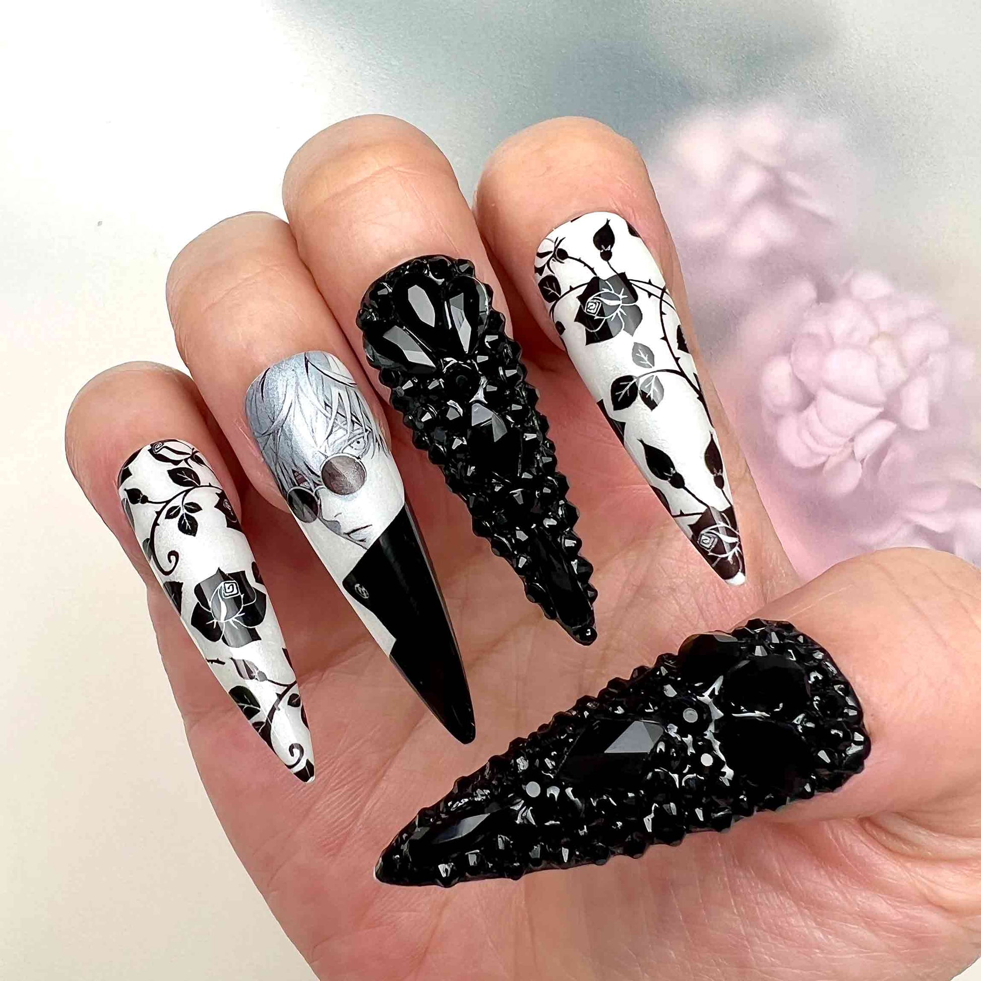 Tokyo Ghoul Nails – Ken Kaneki Press-On Set, 3D Black Crystal &amp; Monochrome Rose Gothic Anime Design | Dragonnail