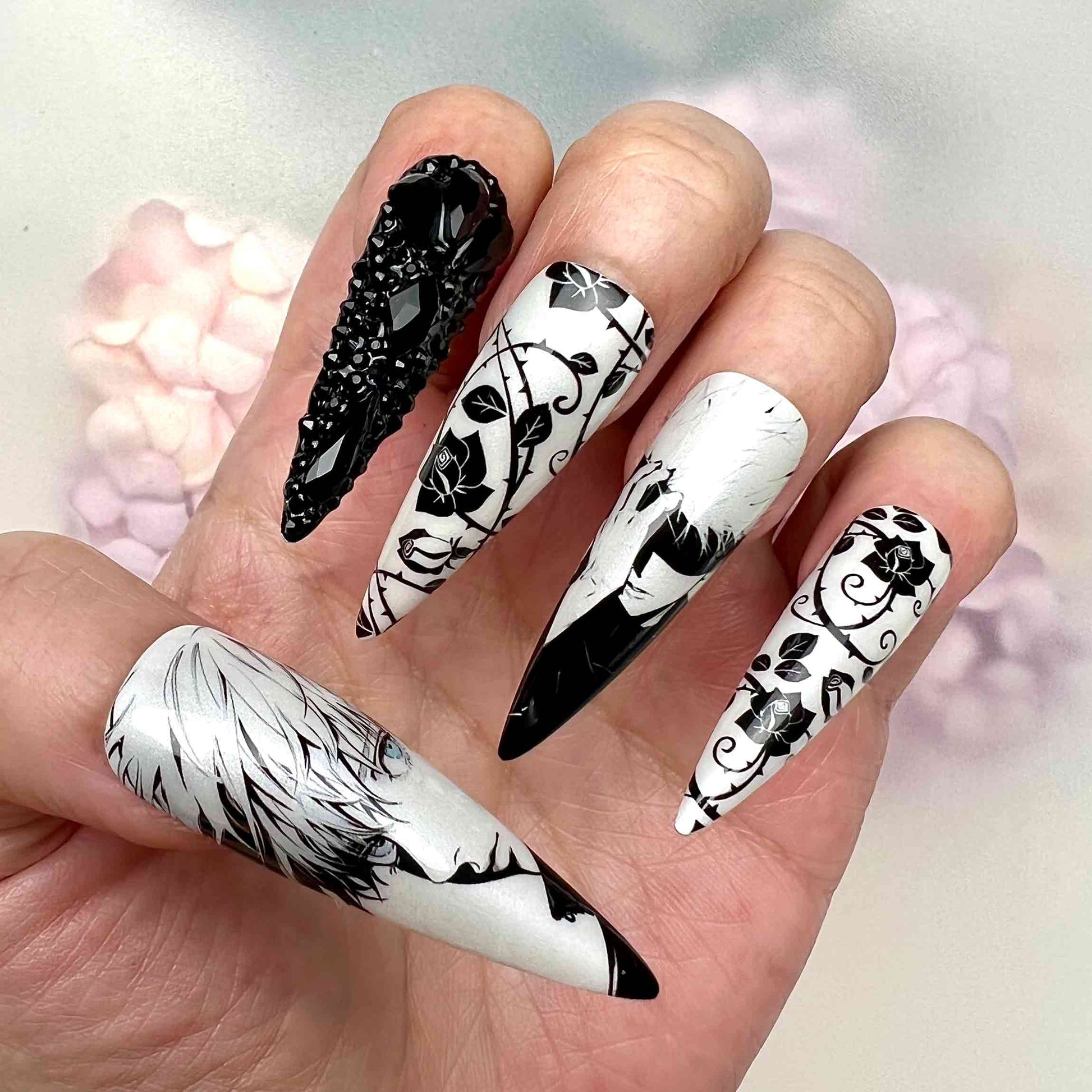 Tokyo Ghoul Nails – Ken Kaneki Press-On Set, 3D Black Crystal &amp; Monochrome Rose Gothic Anime Design | Dragonnail