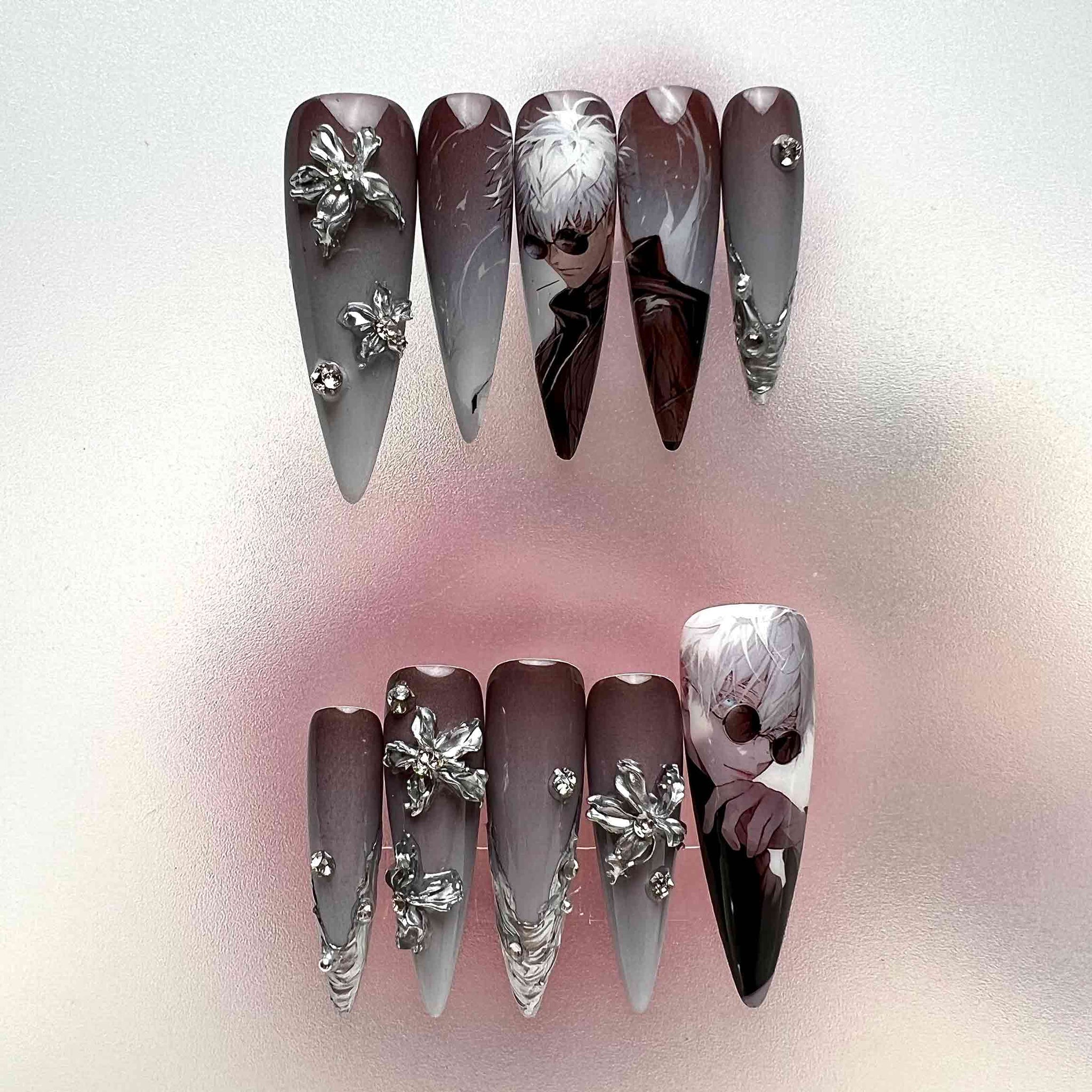 Gojo Satoru Nails – Jujutsu Kaisen JJK Press-On Set, 3D Silver Flower &amp; Monochrome Ombré Design | Dragonnail