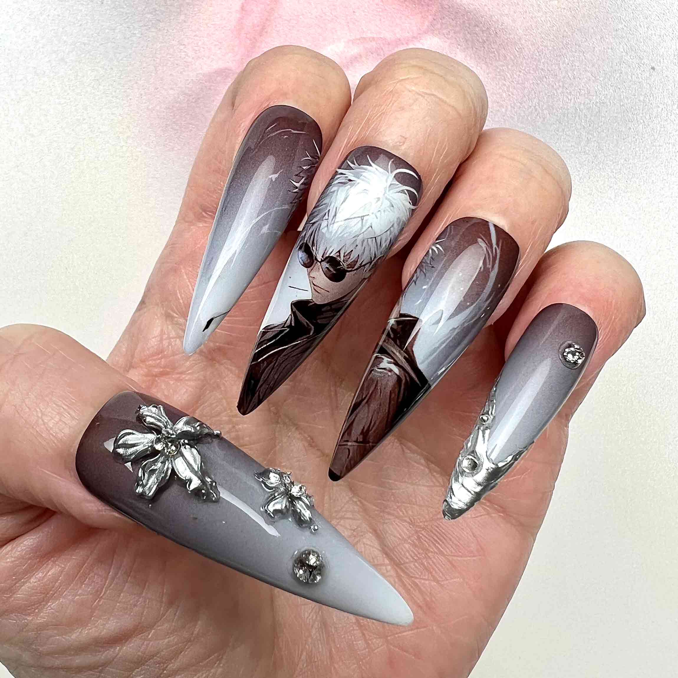 Gojo Satoru Nails – Jujutsu Kaisen JJK Press-On Set, 3D Silver Flower &amp; Monochrome Ombré Design | Dragonnail