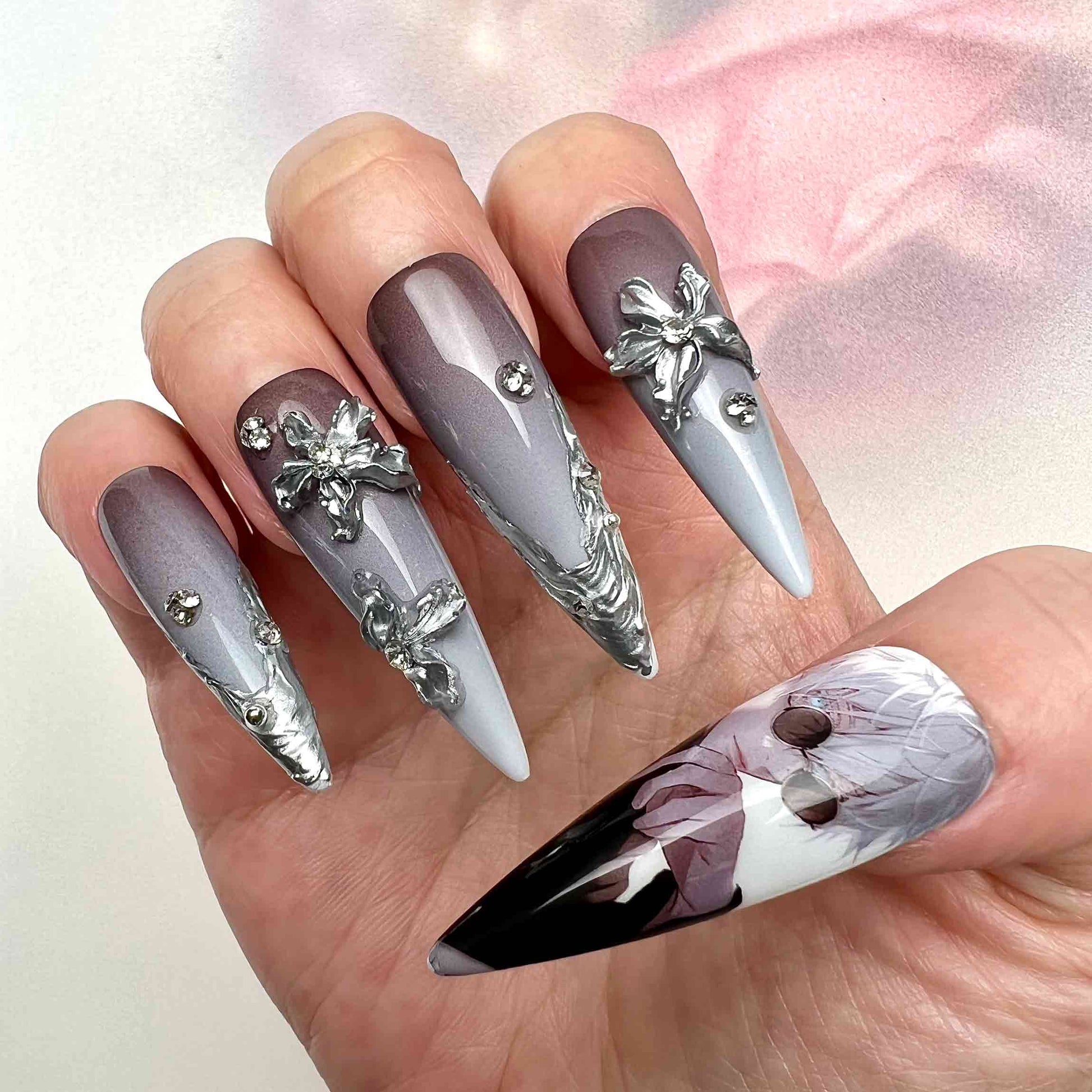 Gojo Satoru Nails – Jujutsu Kaisen JJK Press-On Set, 3D Silver Flower &amp; Monochrome Ombré Design | Dragonnail