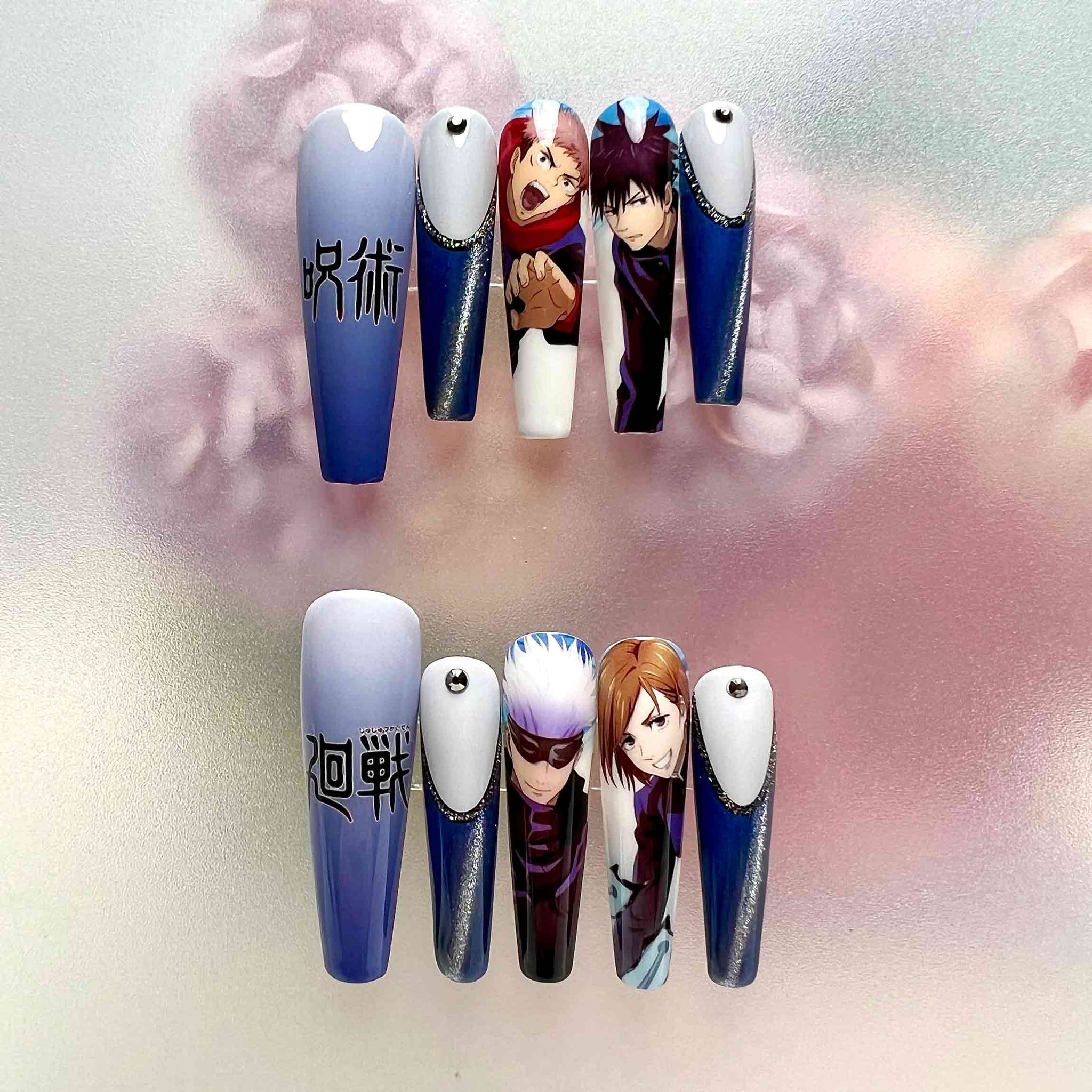 Jujutsu Kaisen Nails – Gojo, Yuji, Nobara &amp; Megumi Press-On Set, Blue Glitter V-French Anime Design | Dragonnail