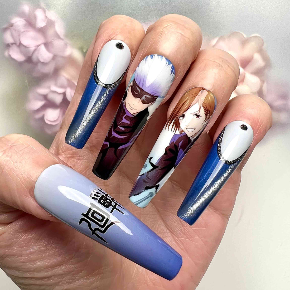 Jujutsu Kaisen Nails – Gojo, Yuji, Nobara &amp; Megumi Press-On Set, Blue Glitter V-French Anime Design | Dragonnail