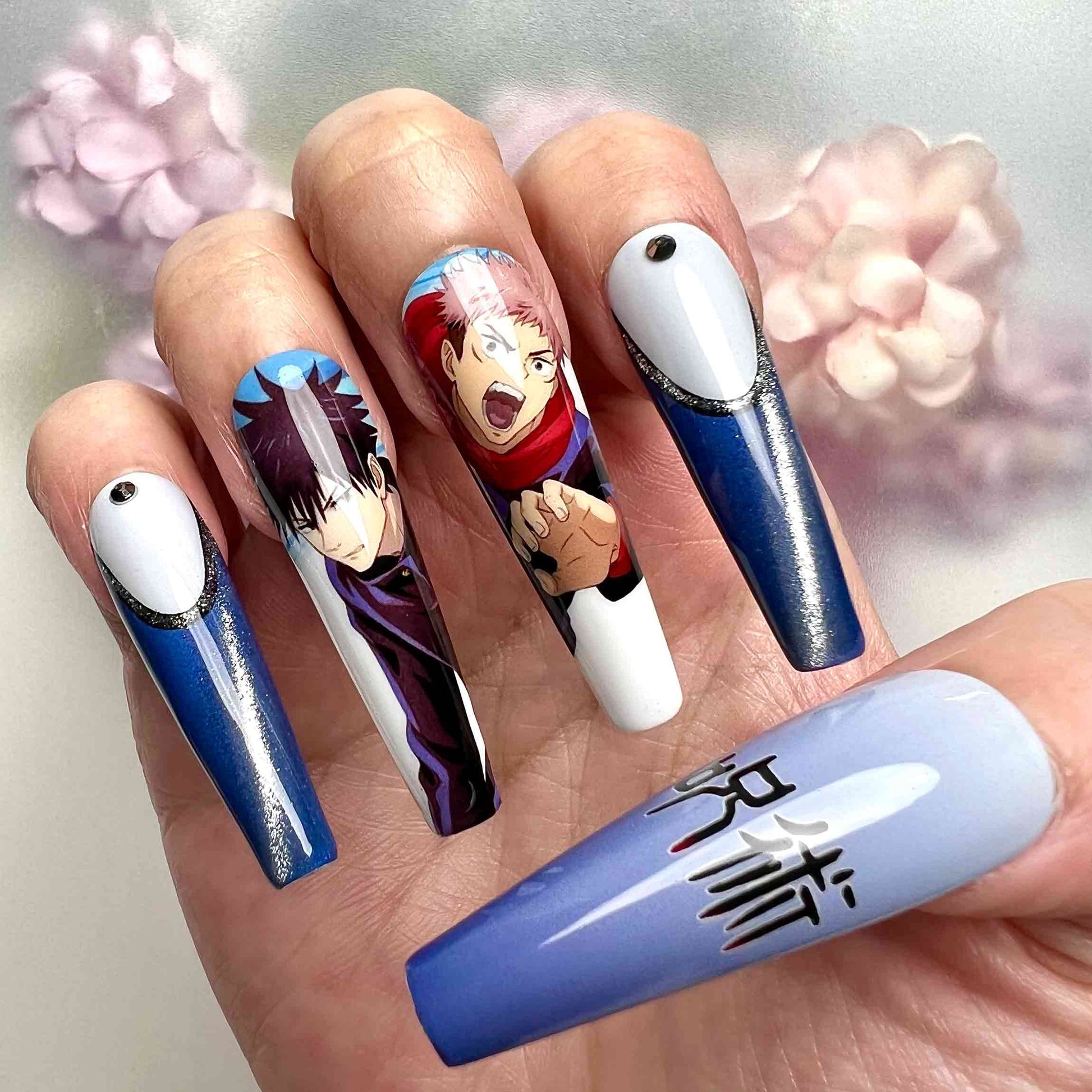 Jujutsu Kaisen Nails – Gojo, Yuji, Nobara &amp; Megumi Press-On Set, Blue Glitter V-French Anime Design | Dragonnail