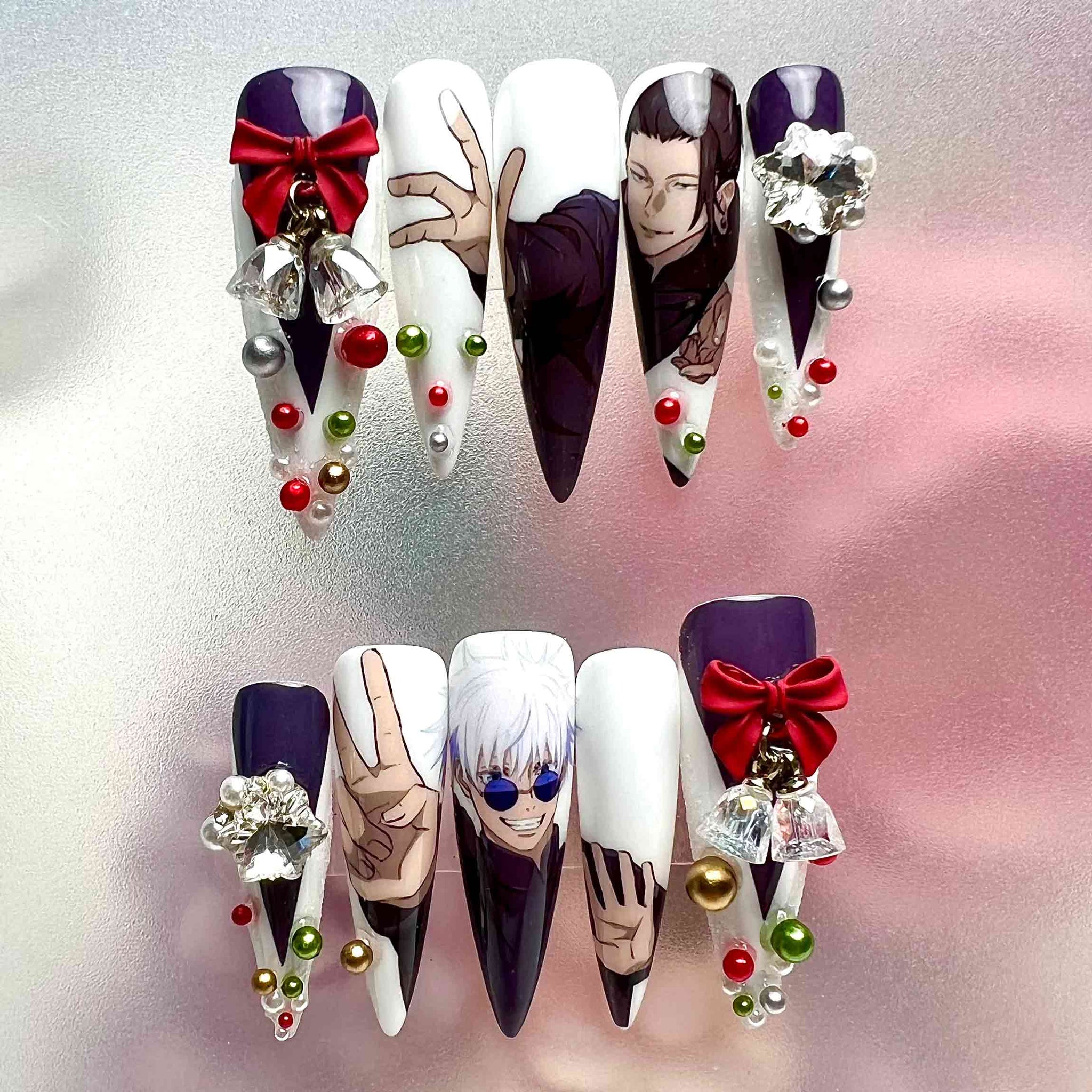 Gojo &amp; Geto Christmas Nails – Jujutsu Kaisen Anime Press-On Nail Set, Holiday Edition With 3D Charms | Dragonnail