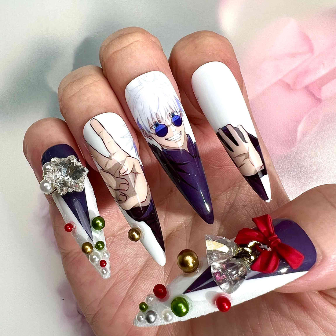 Gojo &amp; Geto Christmas Nails – Jujutsu Kaisen Anime Press-On Nail Set, Holiday Edition With 3D Charms | Dragonnail
