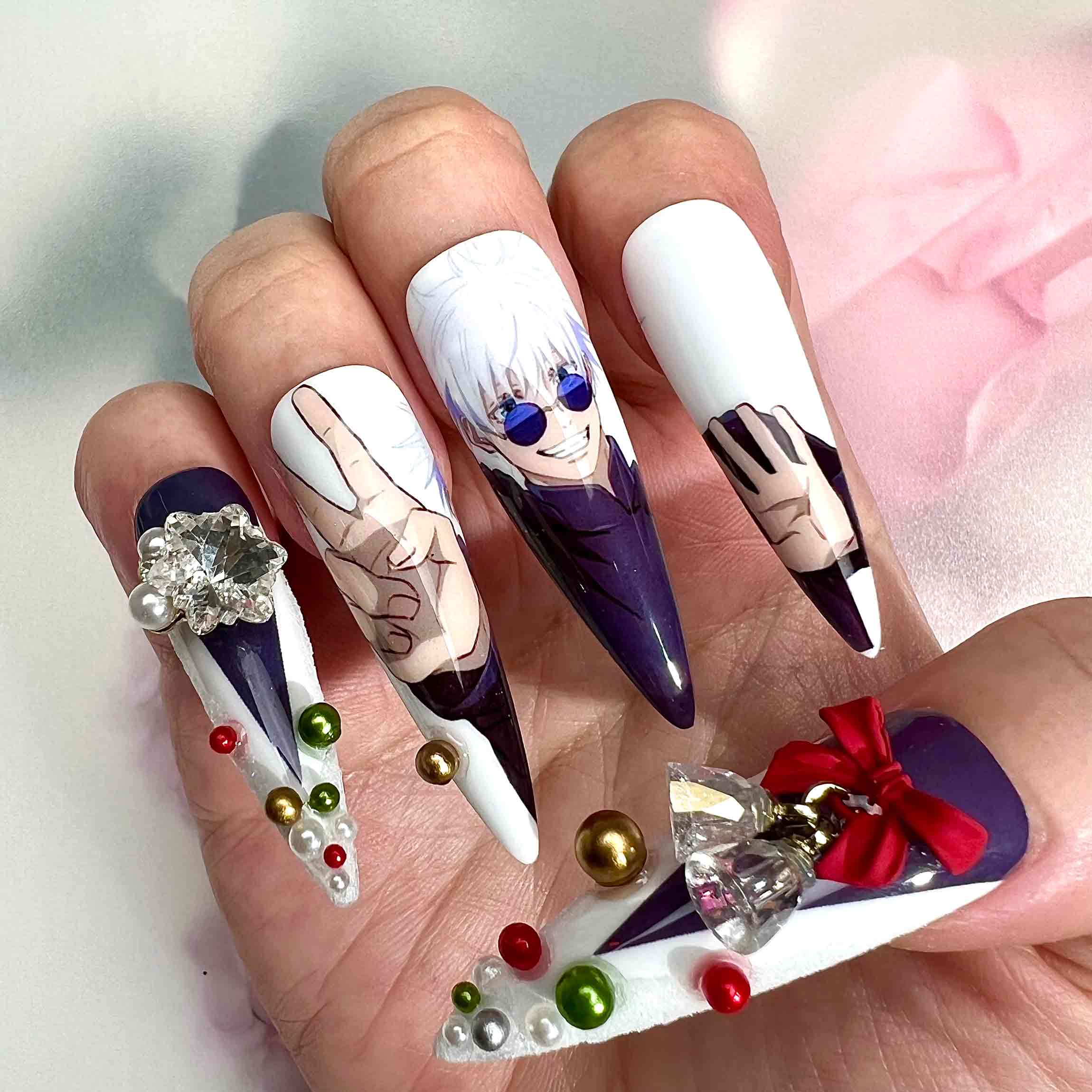 Gojo &amp; Geto Christmas Nails – Jujutsu Kaisen Anime Press-On Nail Set, Holiday Edition With 3D Charms | Dragonnail