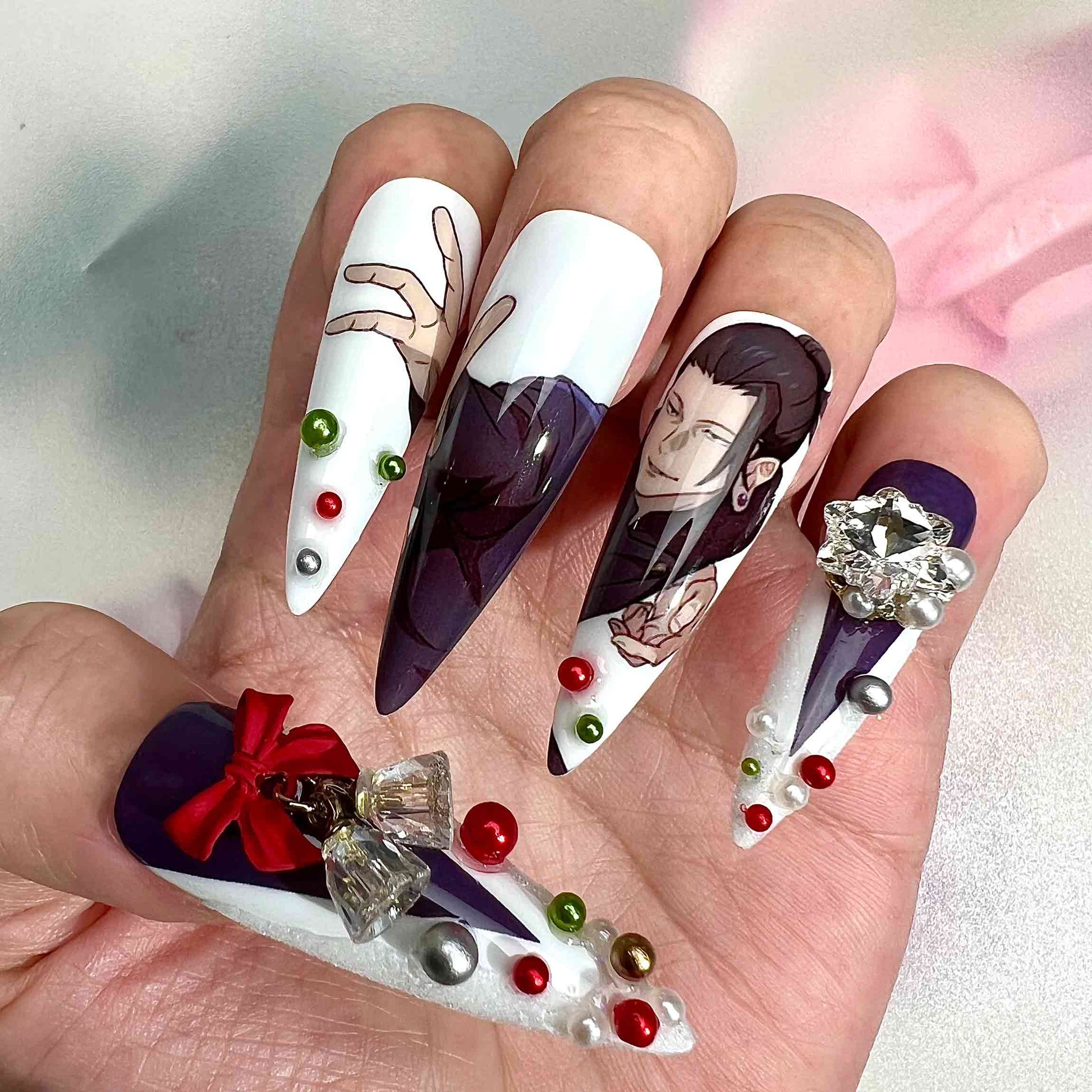 Gojo &amp; Geto Christmas Nails – Jujutsu Kaisen Anime Press-On Nail Set, Holiday Edition With 3D Charms | Dragonnail