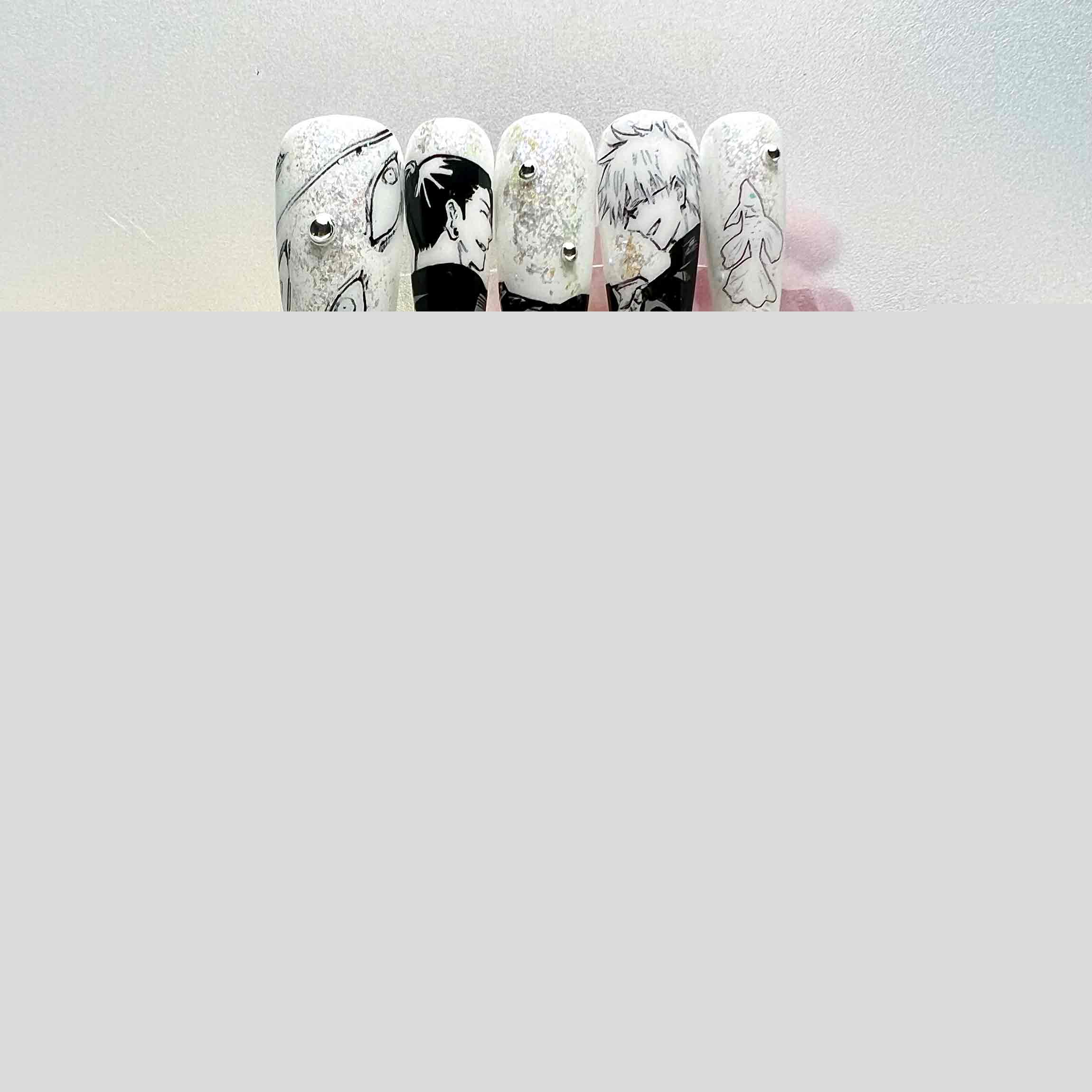 Gojo &amp; Geto Nails – Jujutsu Kaisen JJK Press-On Set, SatoSugu Manga Art &amp; Silver Glitter Design | Dragonnail