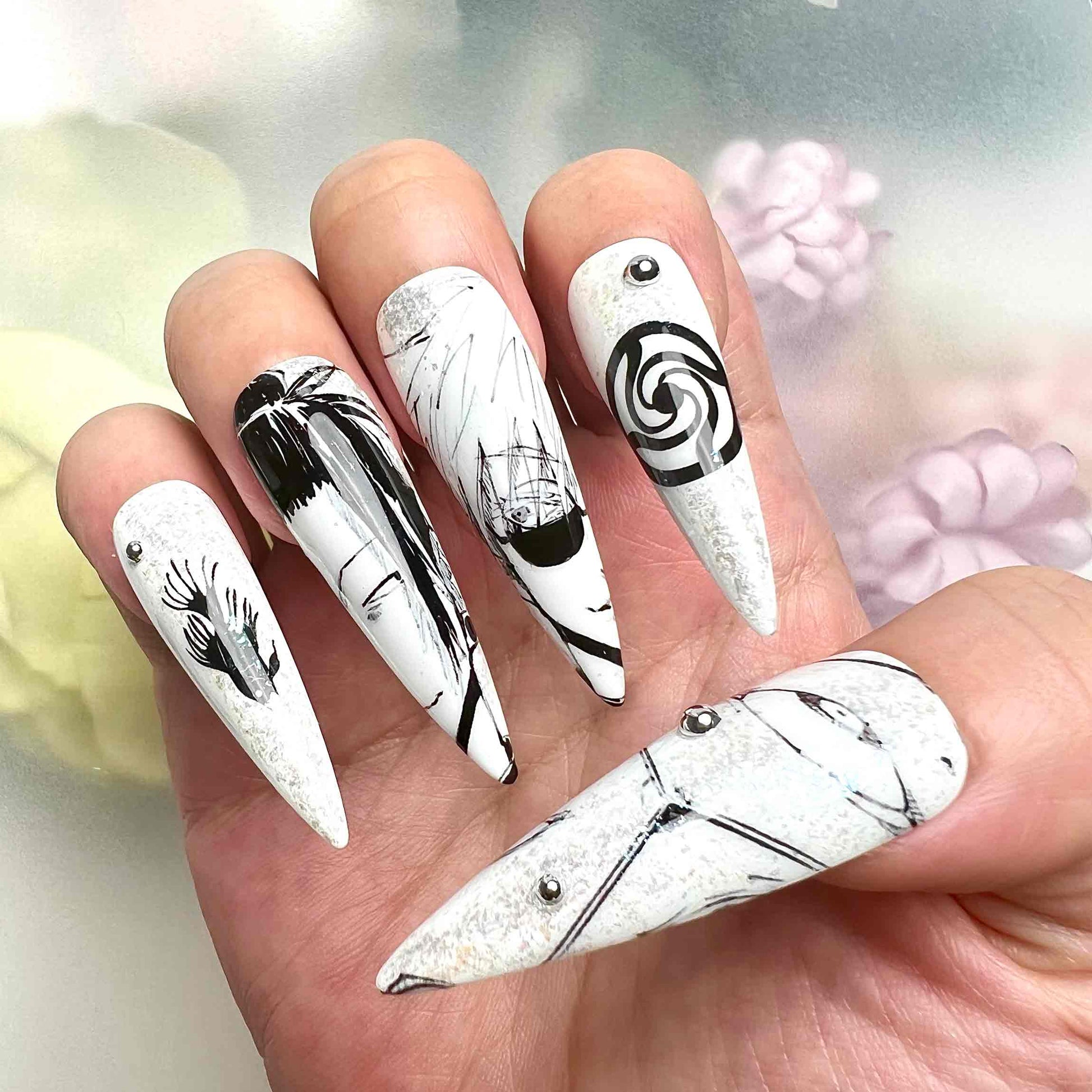 Gojo &amp; Geto Nails – Jujutsu Kaisen JJK Press-On Set, SatoSugu Manga Art &amp; Silver Glitter Design | Dragonnail