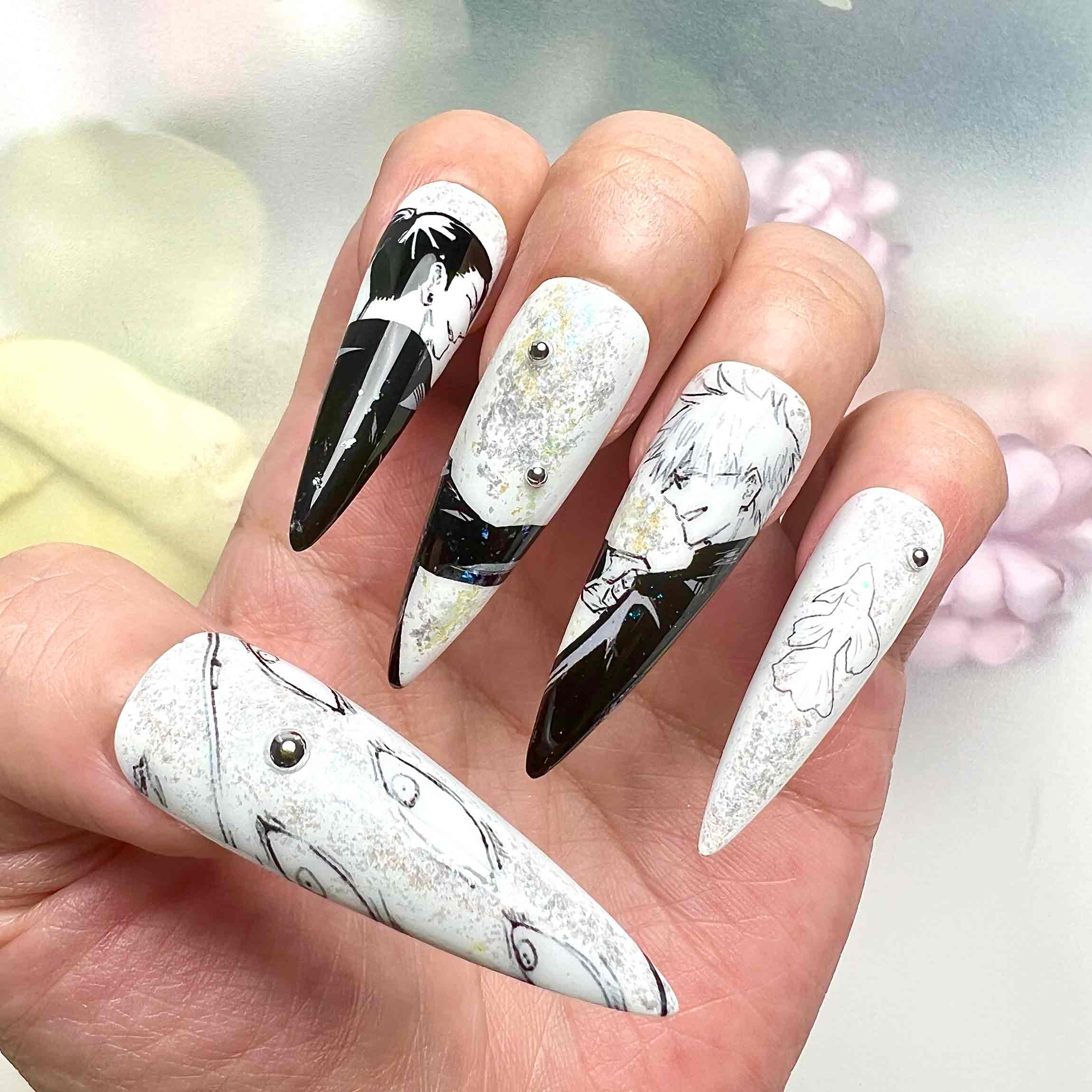 Gojo &amp; Geto Nails – Jujutsu Kaisen JJK Press-On Set, SatoSugu Manga Art &amp; Silver Glitter Design | Dragonnail