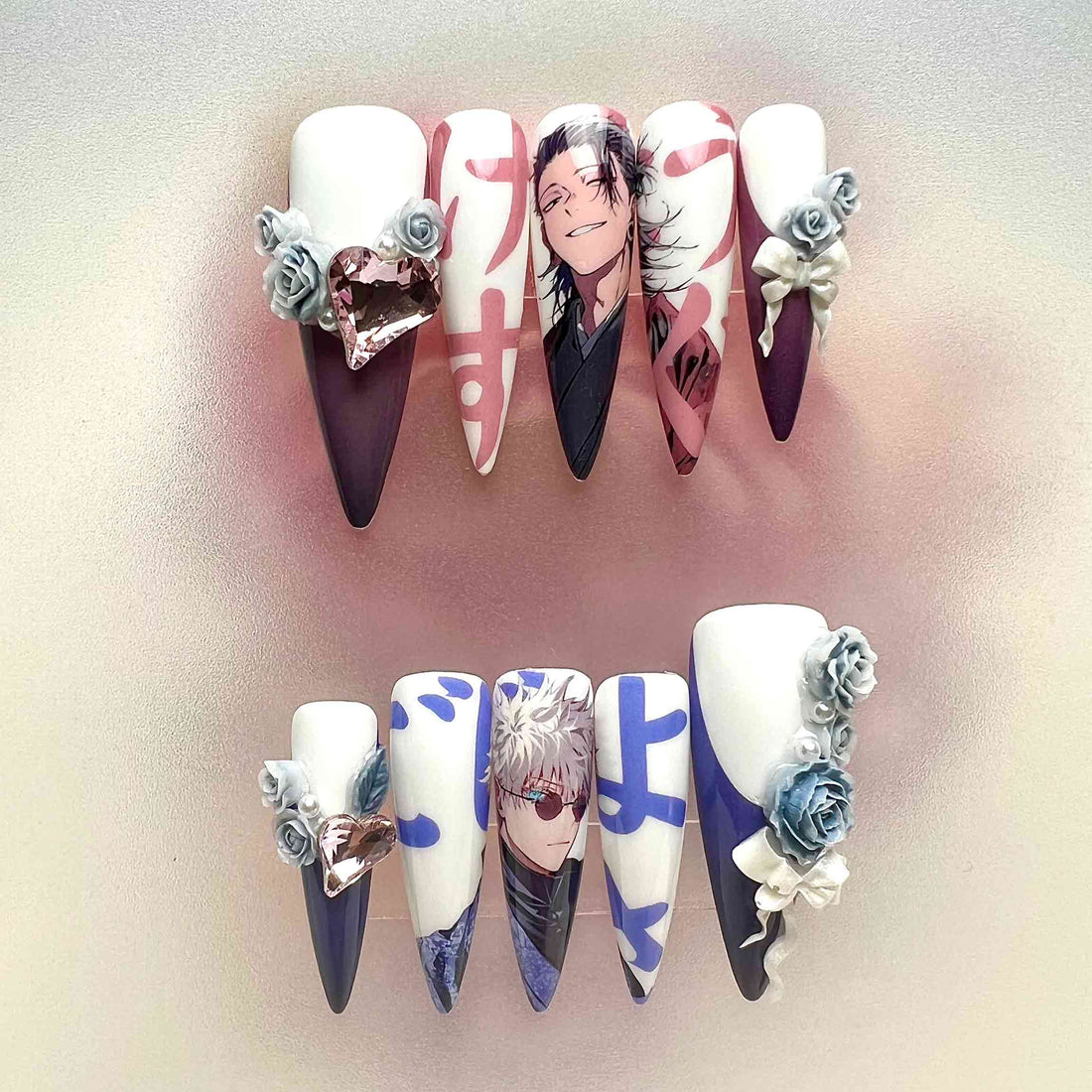 Gojo &amp; Geto Nails – Jujutsu Kaisen JJK Press-On Set, 3D Rose &amp; Gem Anime Design | Dragonnail