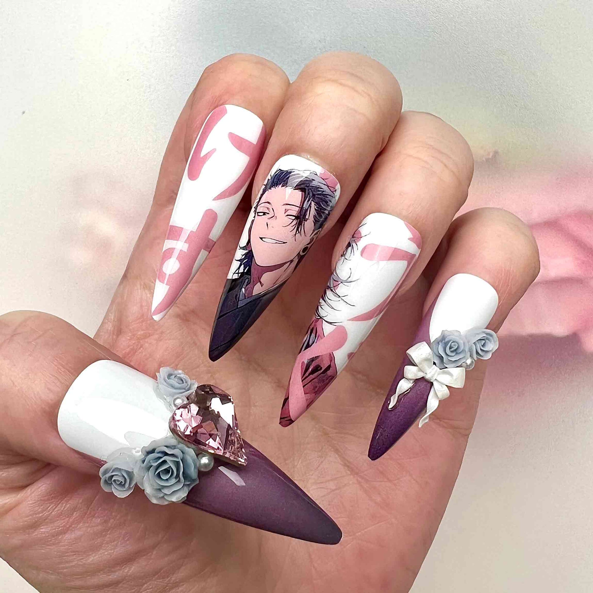 Gojo &amp; Geto Nails – Jujutsu Kaisen JJK Press-On Set, 3D Rose &amp; Gem Anime Design | Dragonnail