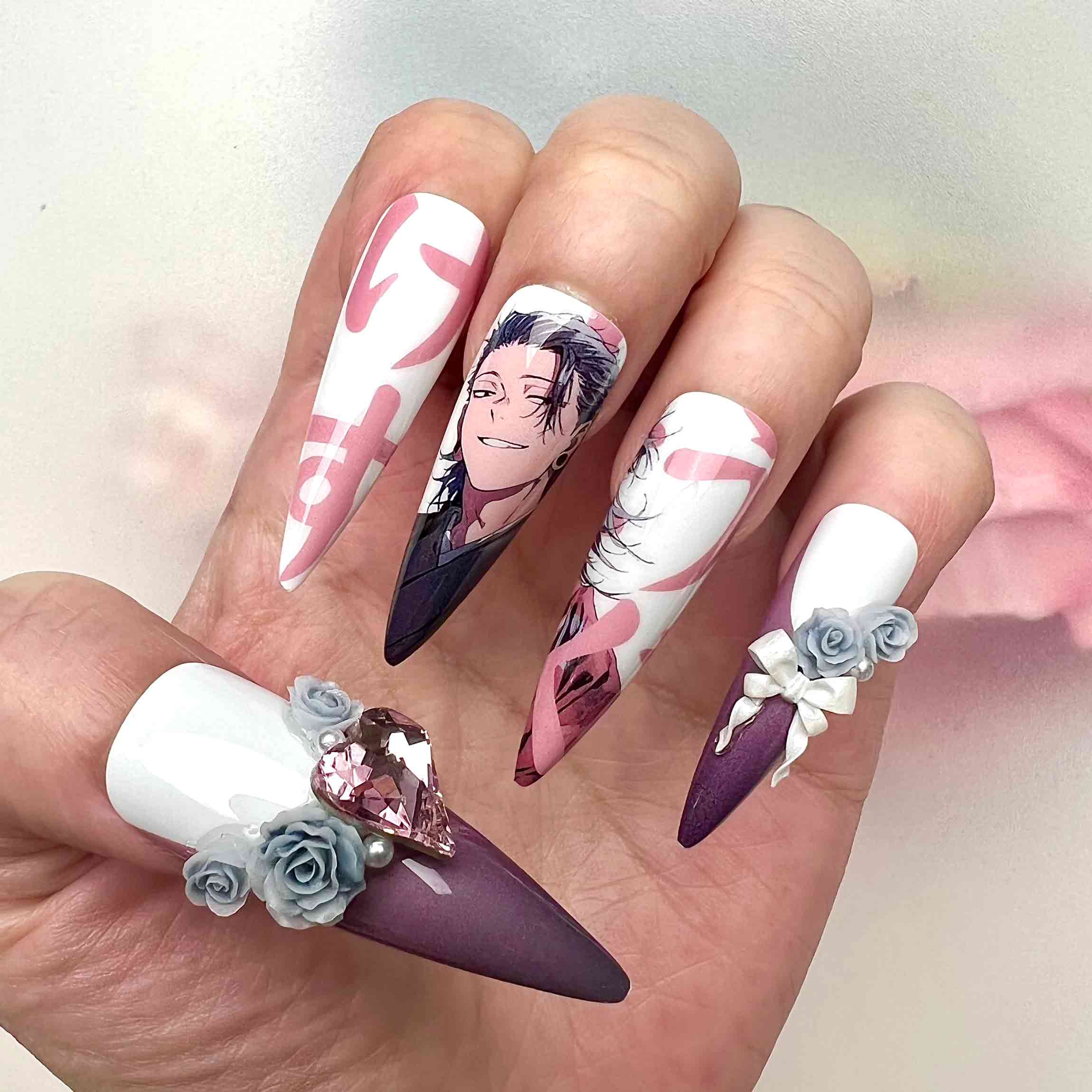 Gojo &amp; Geto Nails – Jujutsu Kaisen JJK Press-On Set, 3D Rose &amp; Gem Anime Design | Dragonnail