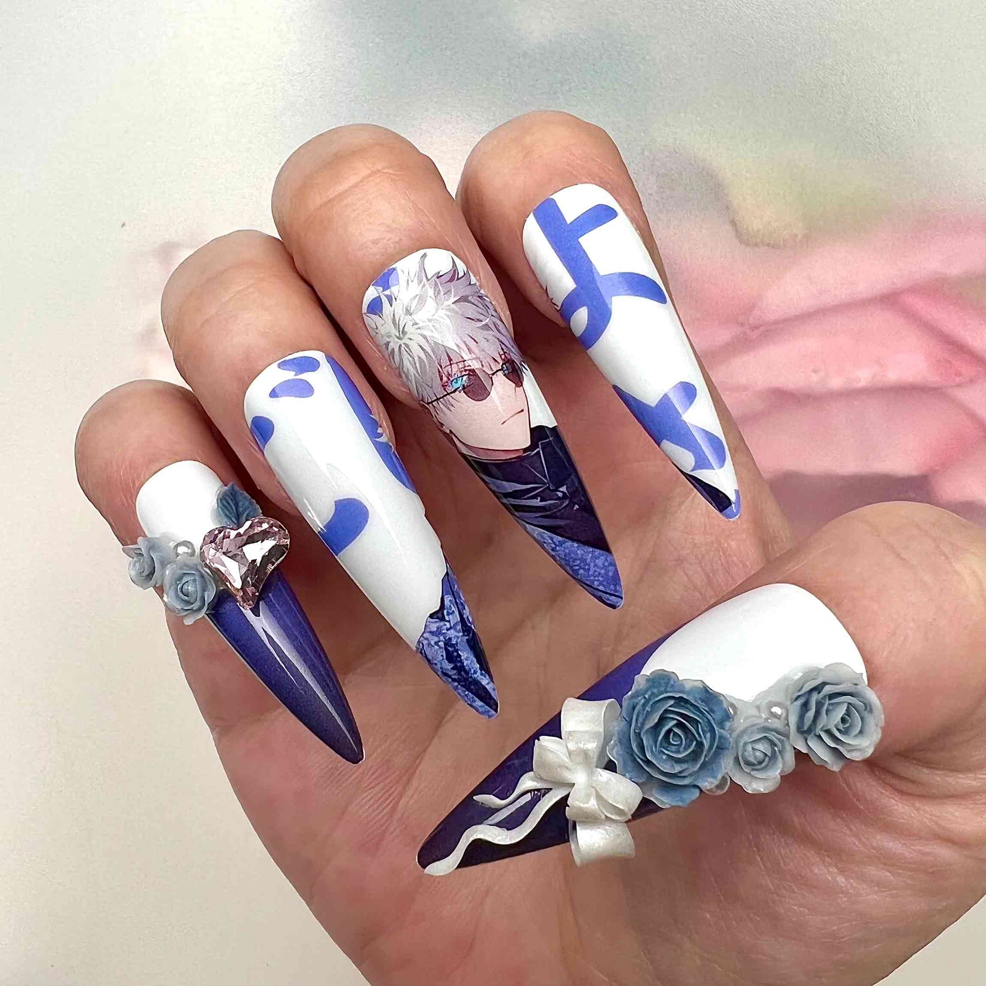 Gojo &amp; Geto Nails – Jujutsu Kaisen JJK Press-On Set, 3D Rose &amp; Gem Anime Design | Dragonnail