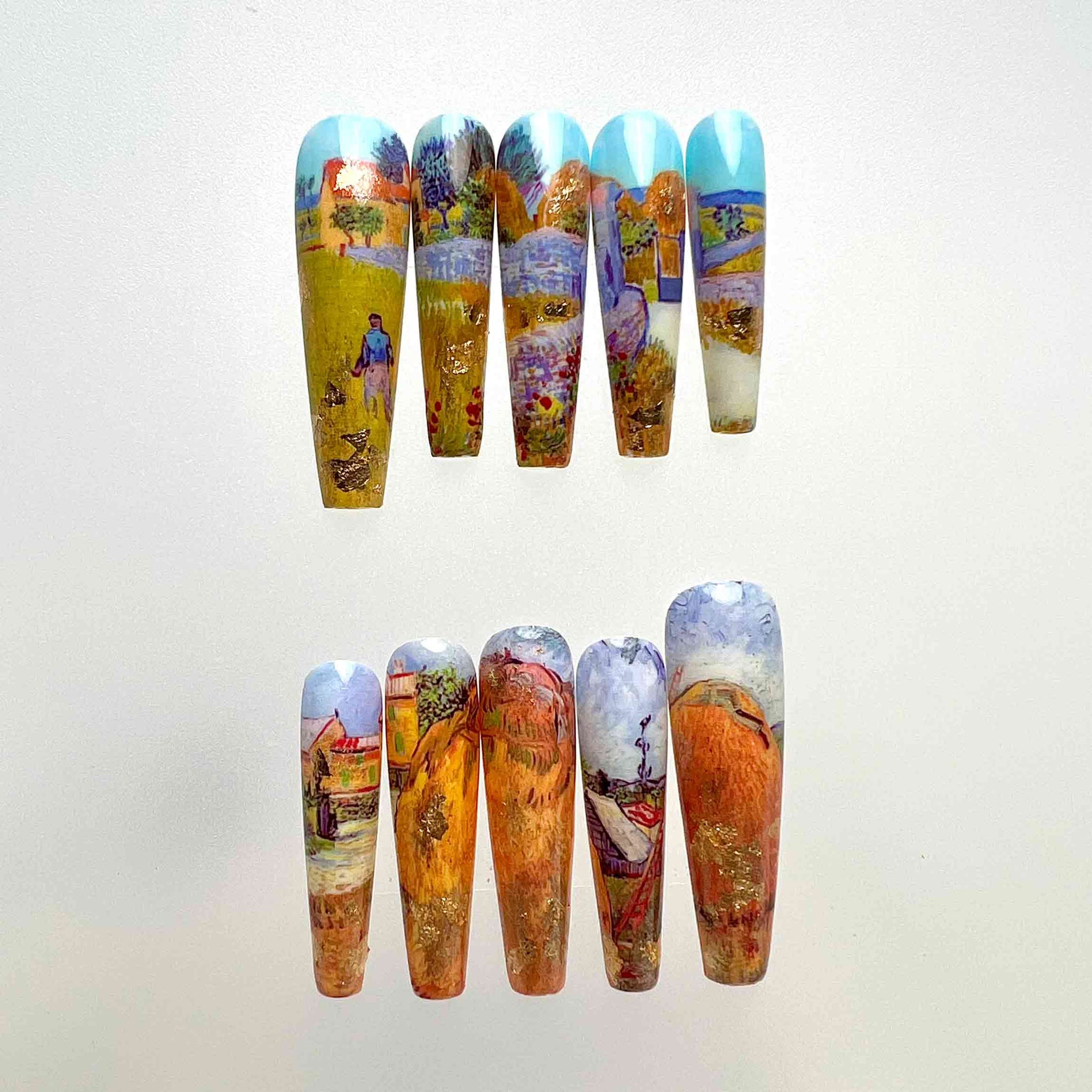 Van Gogh Landscape Nails – Famous Art Press-On Set, Impressionist Painting &amp; Gold Flake Design | Dragonnail