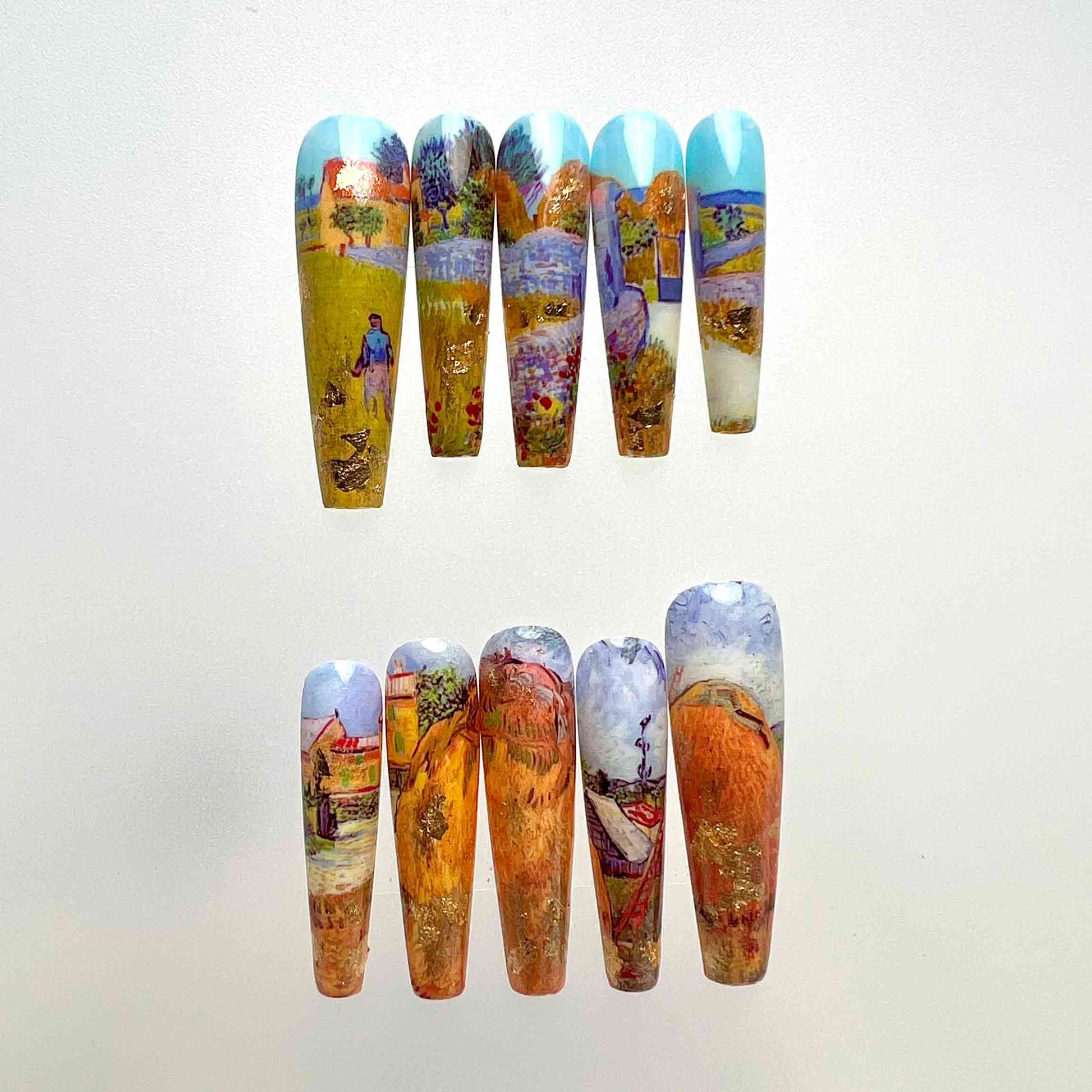 Van Gogh Landscape Nails – Famous Art Press-On Set, Impressionist Painting &amp; Gold Flake Design | Dragonnail