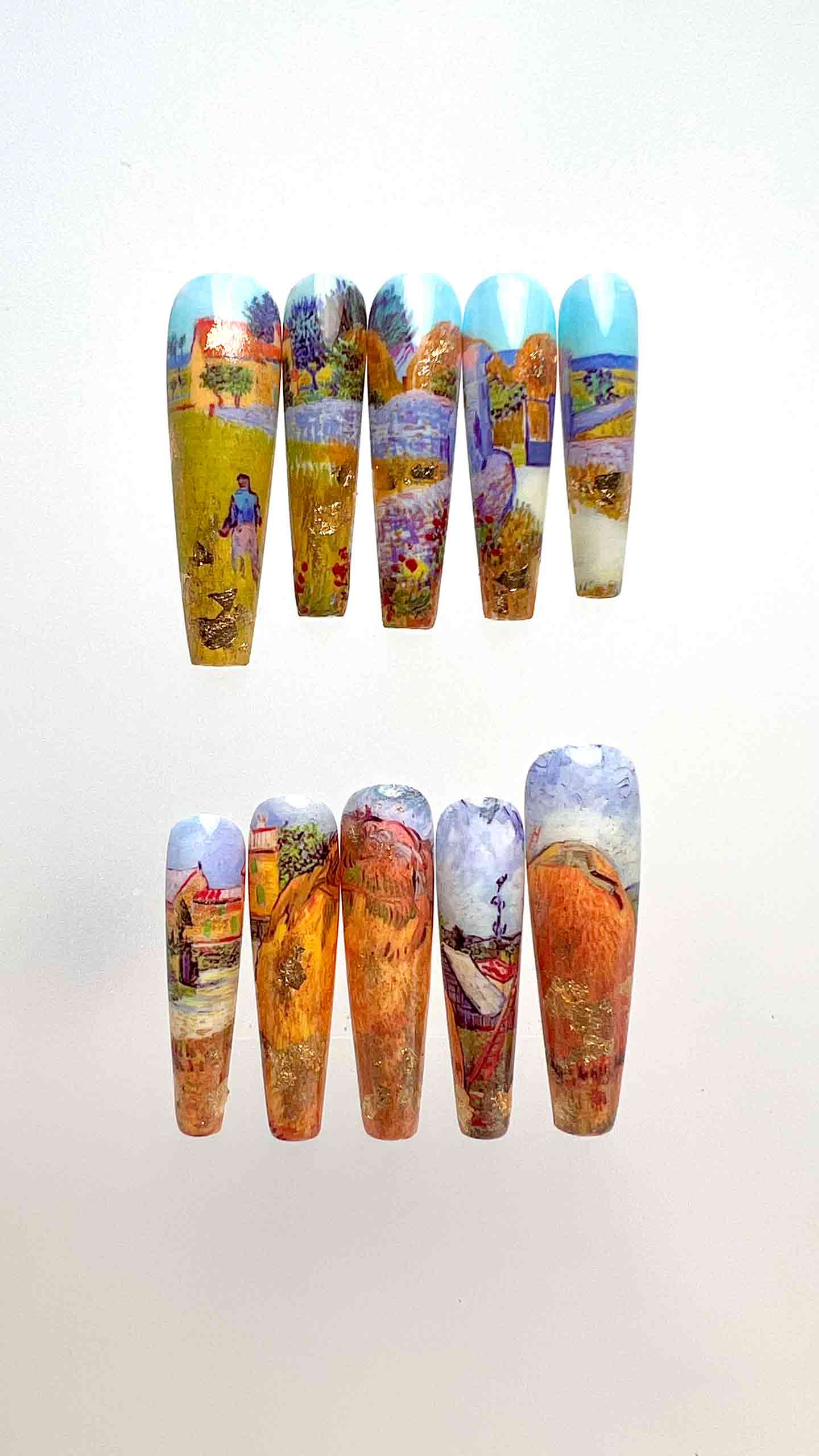 Van Gogh Landscape Nails – Famous Art Press-On Set, Impressionist Painting &amp; Gold Flake Design | Dragonnail