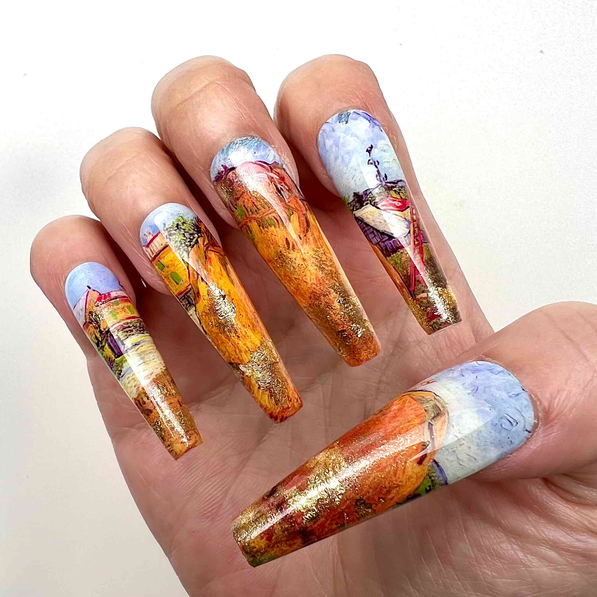 Van Gogh Landscape Nails – Famous Art Press-On Set, Impressionist Painting &amp; Gold Flake Design | Dragonnail