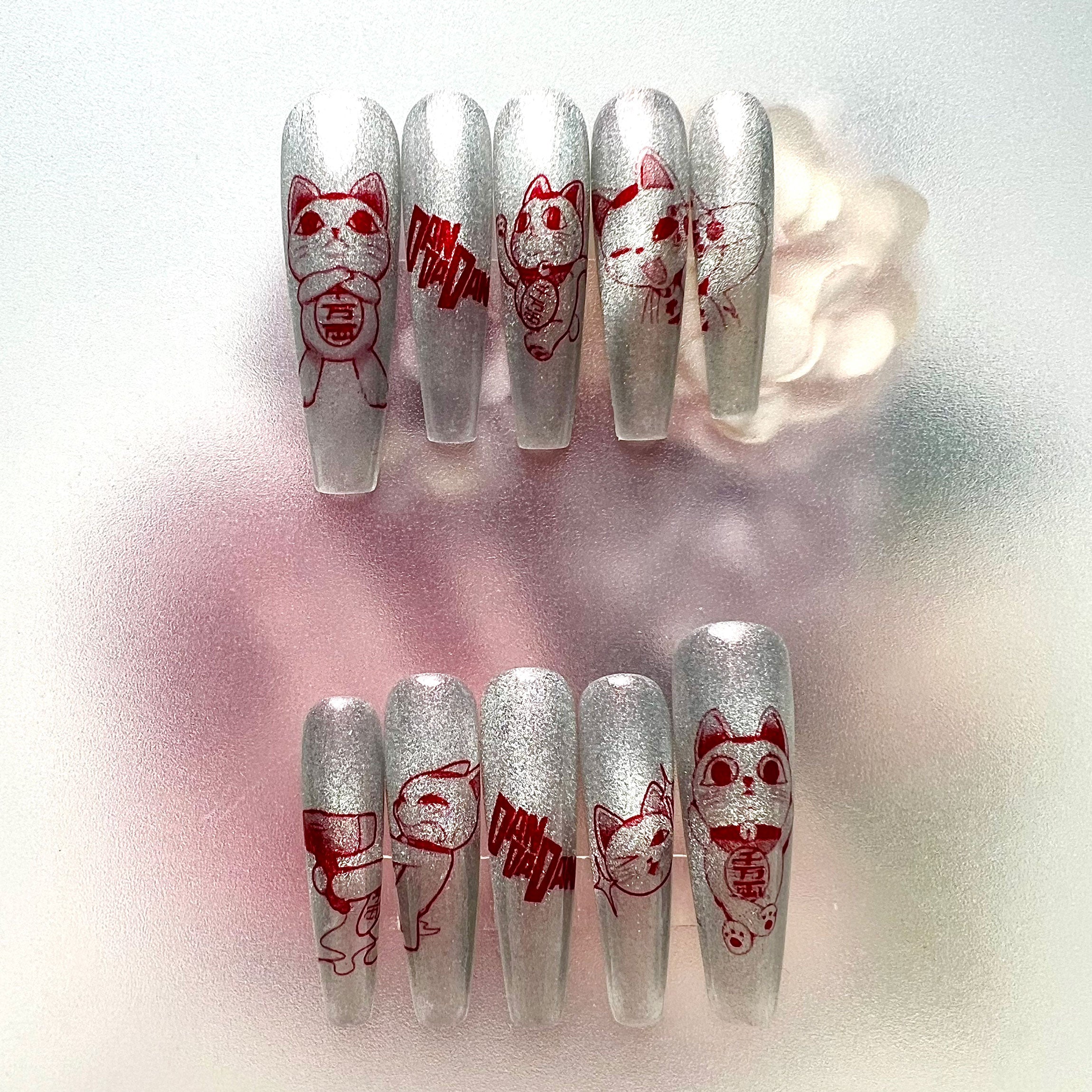 Maneki-Neko Lucky Cat Press-On Nails | Sparkling Silver Shimmer &amp; Red Asian Tattoo Art | Good Fortune &amp; Japanese Aesthetic Set | Dragonnail