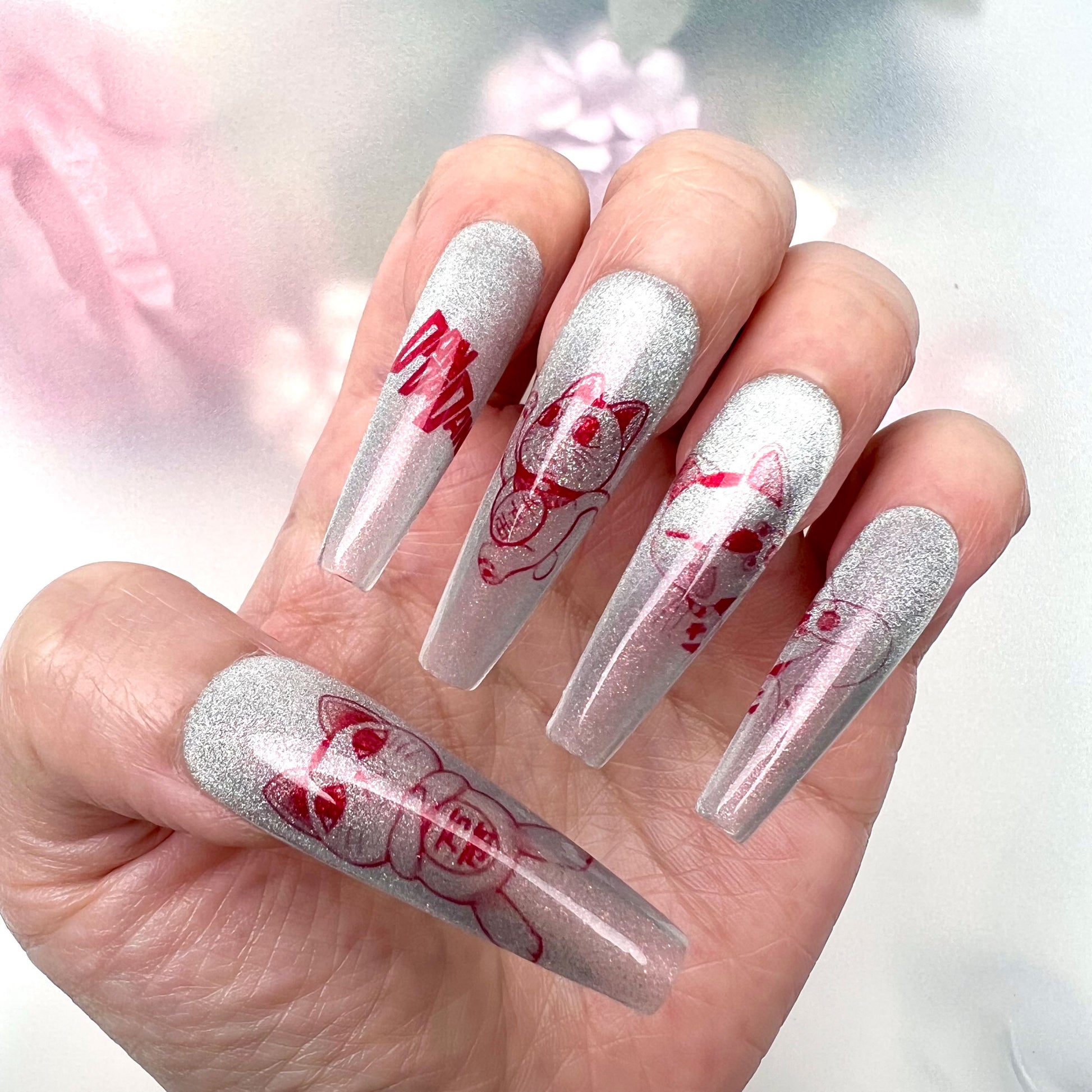 Maneki-Neko Lucky Cat Press-On Nails | Sparkling Silver Shimmer &amp; Red Asian Tattoo Art | Good Fortune &amp; Japanese Aesthetic Set | Dragonnail