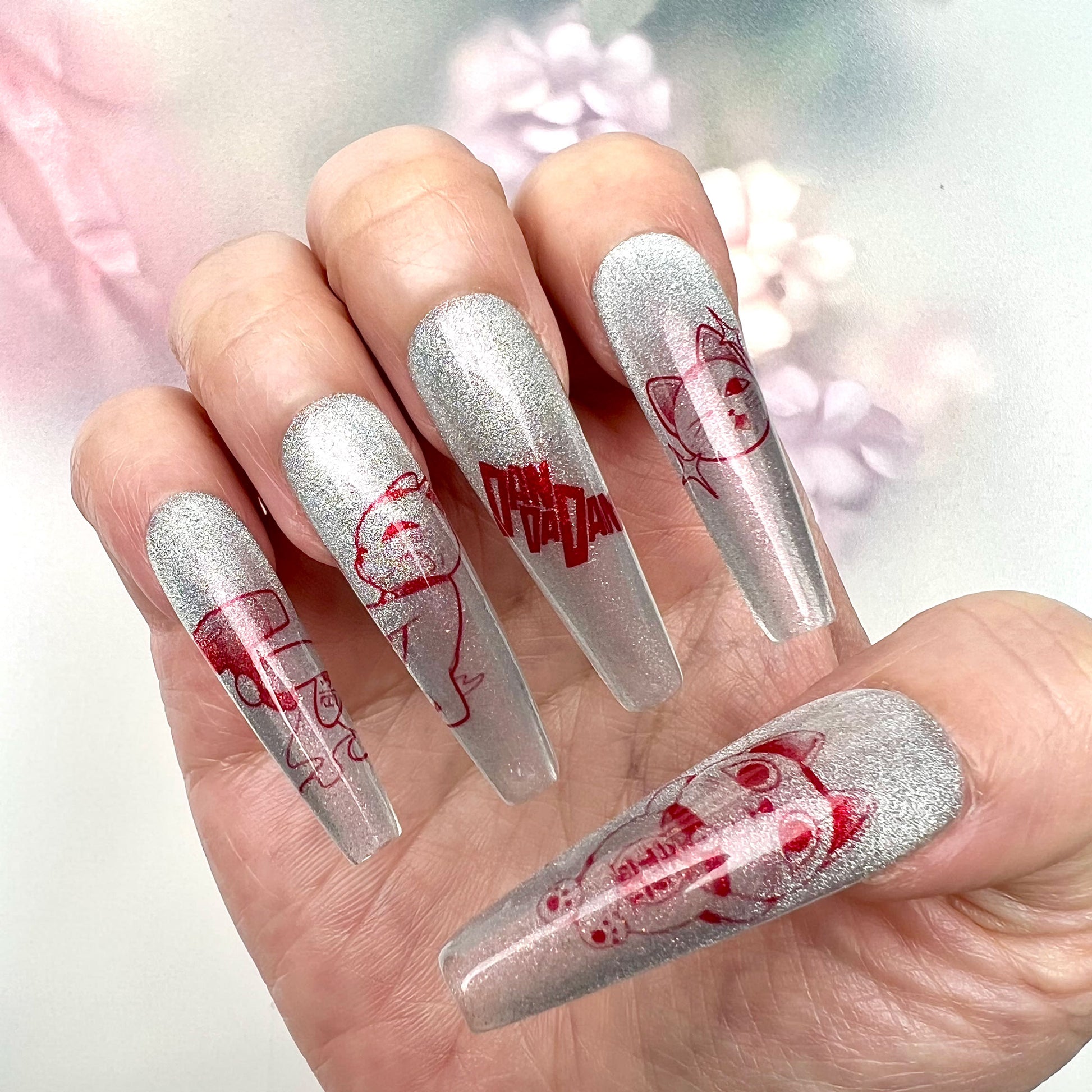 Maneki-Neko Lucky Cat Press-On Nails | Sparkling Silver Shimmer &amp; Red Asian Tattoo Art | Good Fortune &amp; Japanese Aesthetic Set | Dragonnail