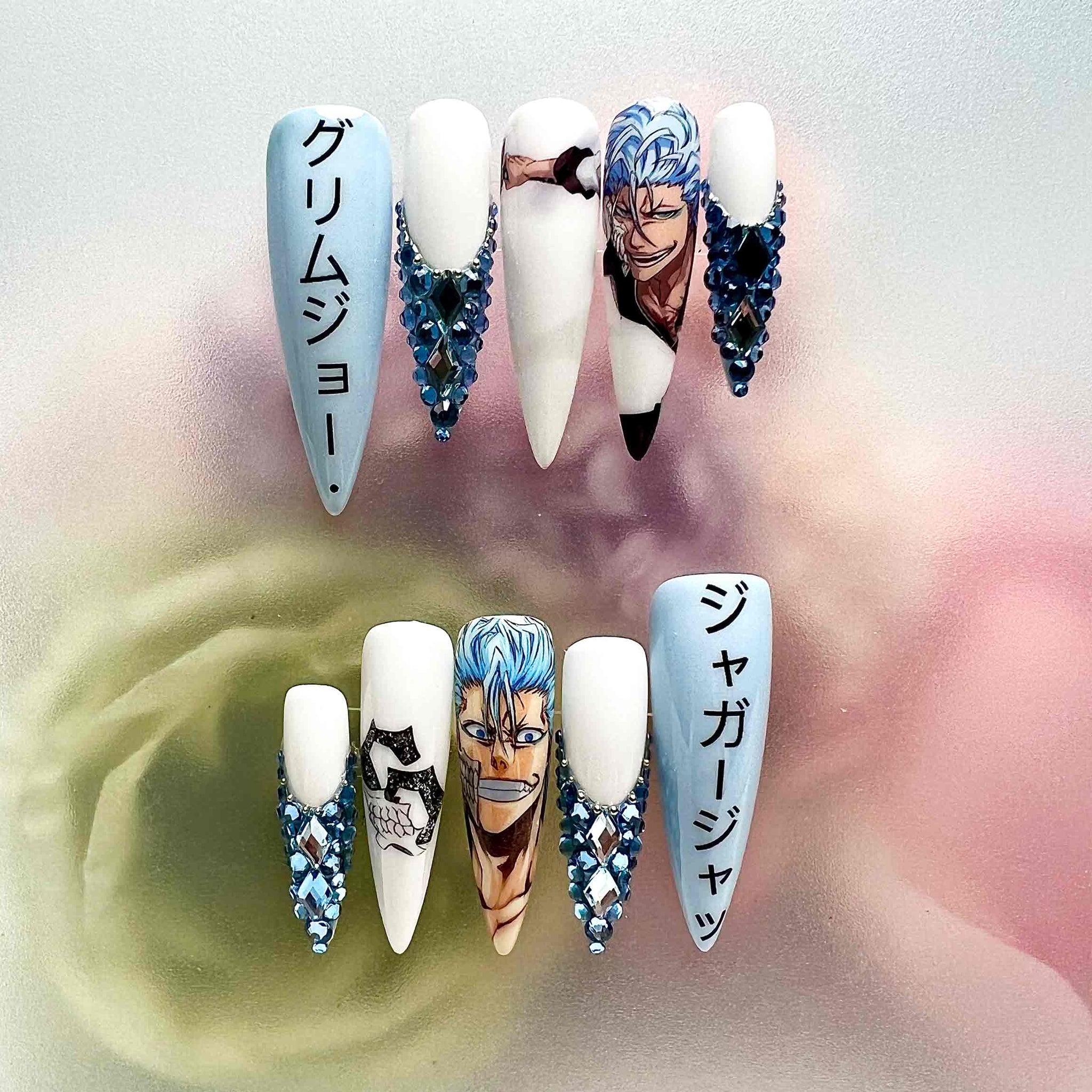 Grimmjow Nails – Bleach Anime Press-On Set, 3D Blue Gem &amp; Espada 6 Design | Dragonnail