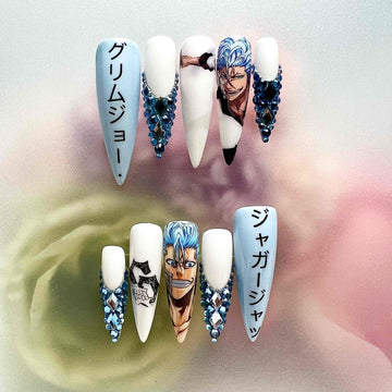 Grimmjow Nails – Bleach Anime Press-On Set, 3D Blue Gem &amp; Espada 6 Design | Dragonnail