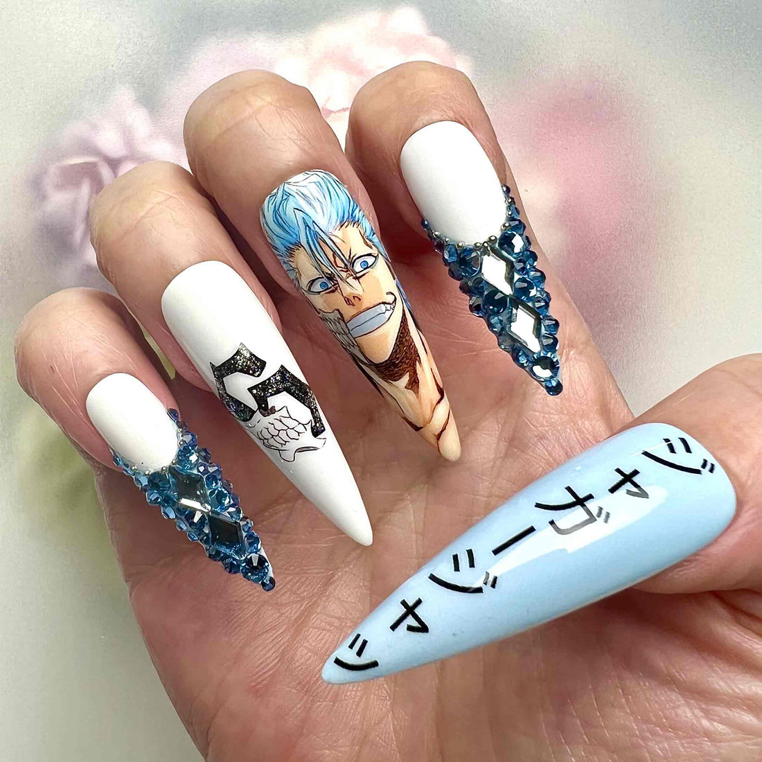Grimmjow Nails – Bleach Anime Press-On Set, 3D Blue Gem &amp; Espada 6 Design | Dragonnail