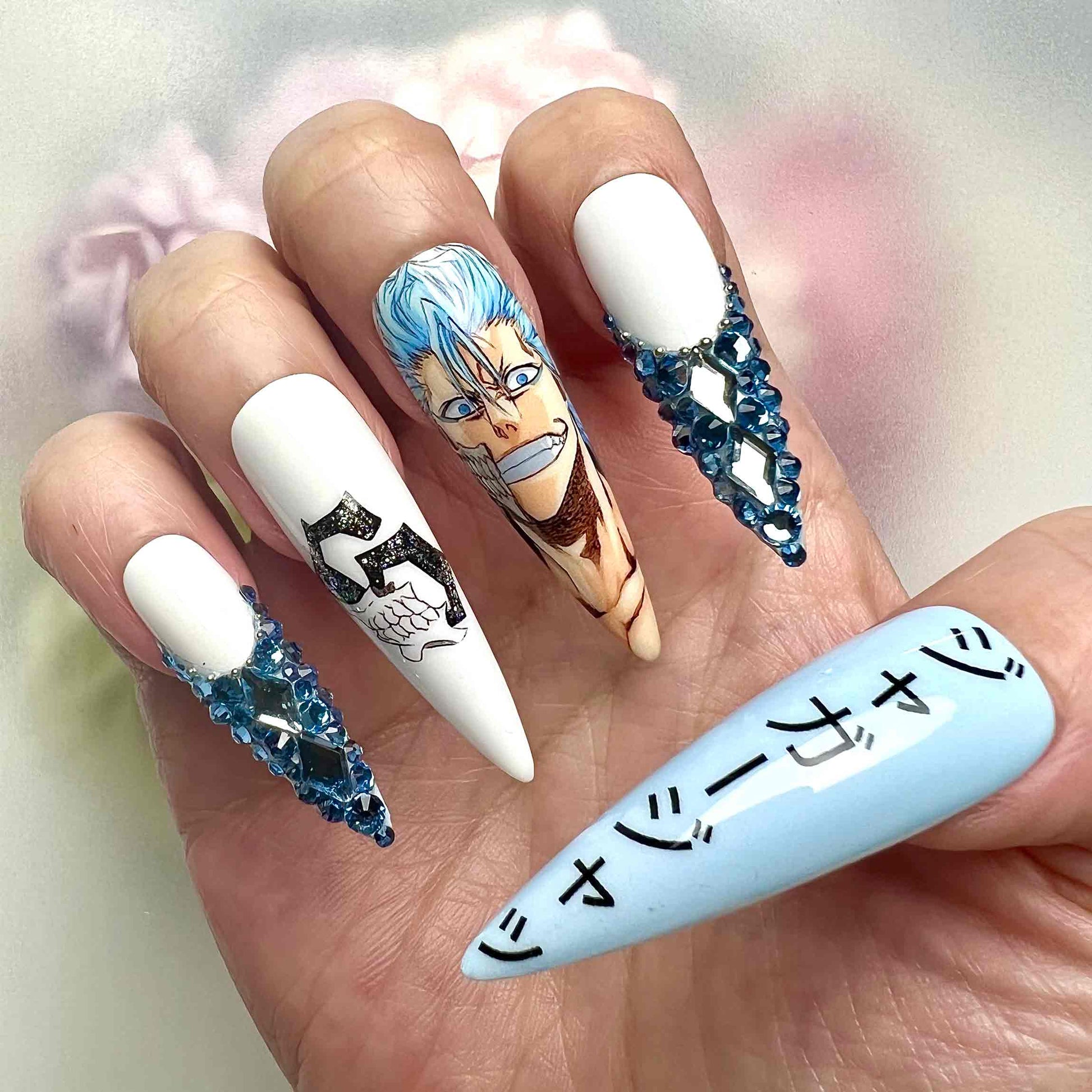 Grimmjow Nails – Bleach Anime Press-On Set, 3D Blue Gem &amp; Espada 6 Design | Dragonnail
