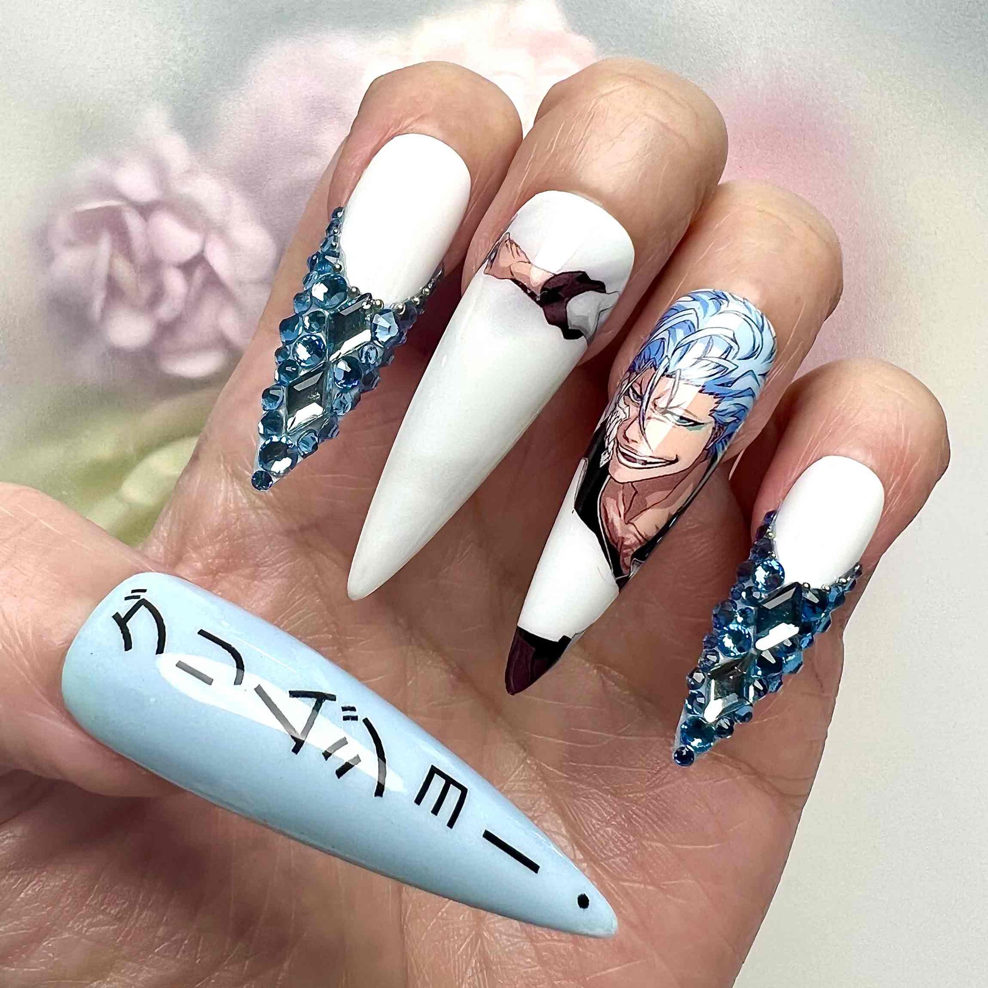 Grimmjow Nails – Bleach Anime Press-On Set, 3D Blue Gem &amp; Espada 6 Design | Dragonnail