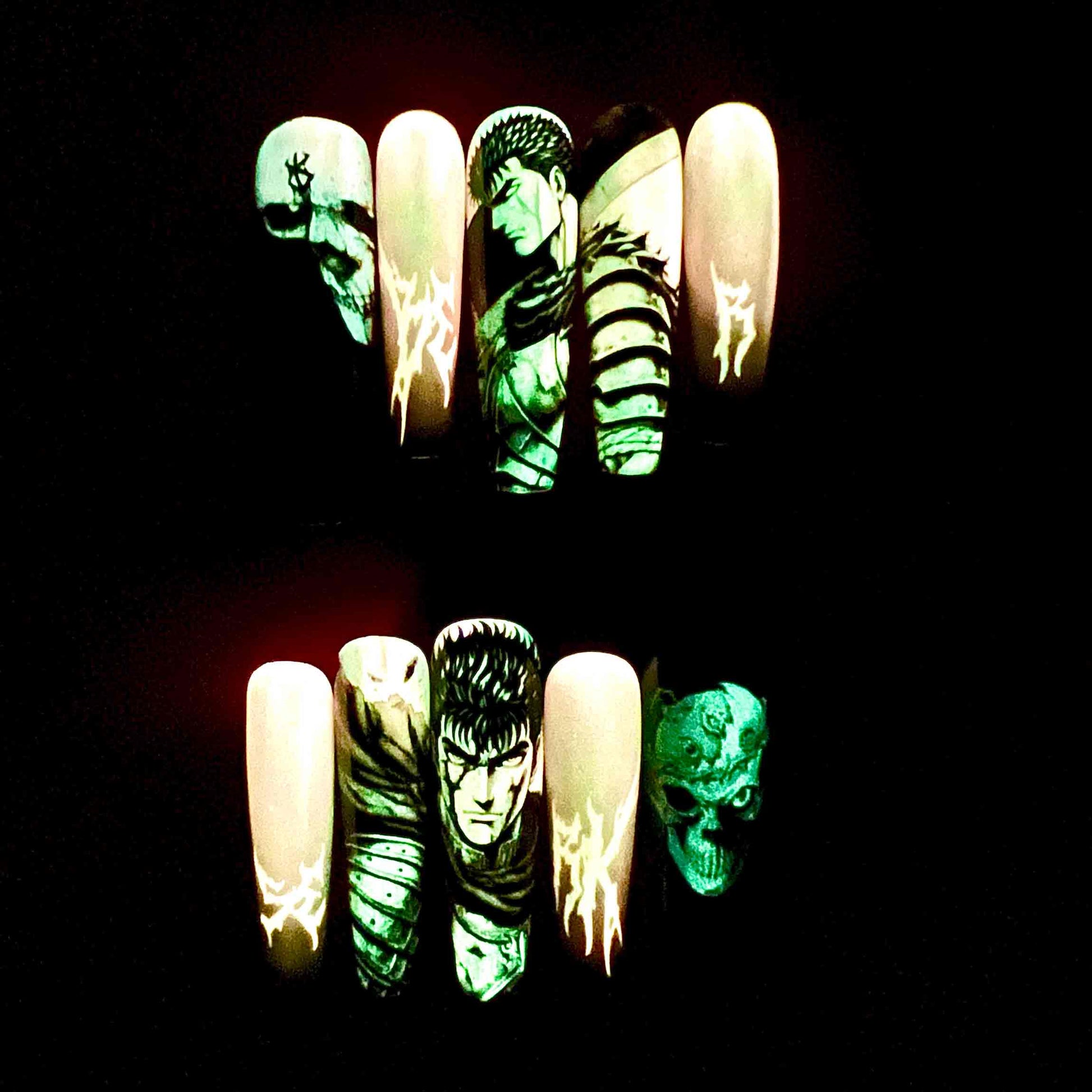 Glow-in-the-Dark Berserk Nails – Guts &amp; Brand of Sacrifice Press-On Set, Neon Green Skull Design | Dragonnail