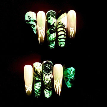Glow-in-the-Dark Berserk Nails – Guts &amp; Brand of Sacrifice Press-On Set, Neon Green Skull Design | Dragonnail