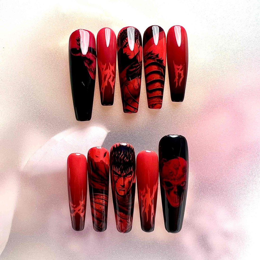 Glow-in-the-Dark Berserk Nails – Guts &amp; Brand of Sacrifice Press-On Set, Neon Green Skull Design | Dragonnail