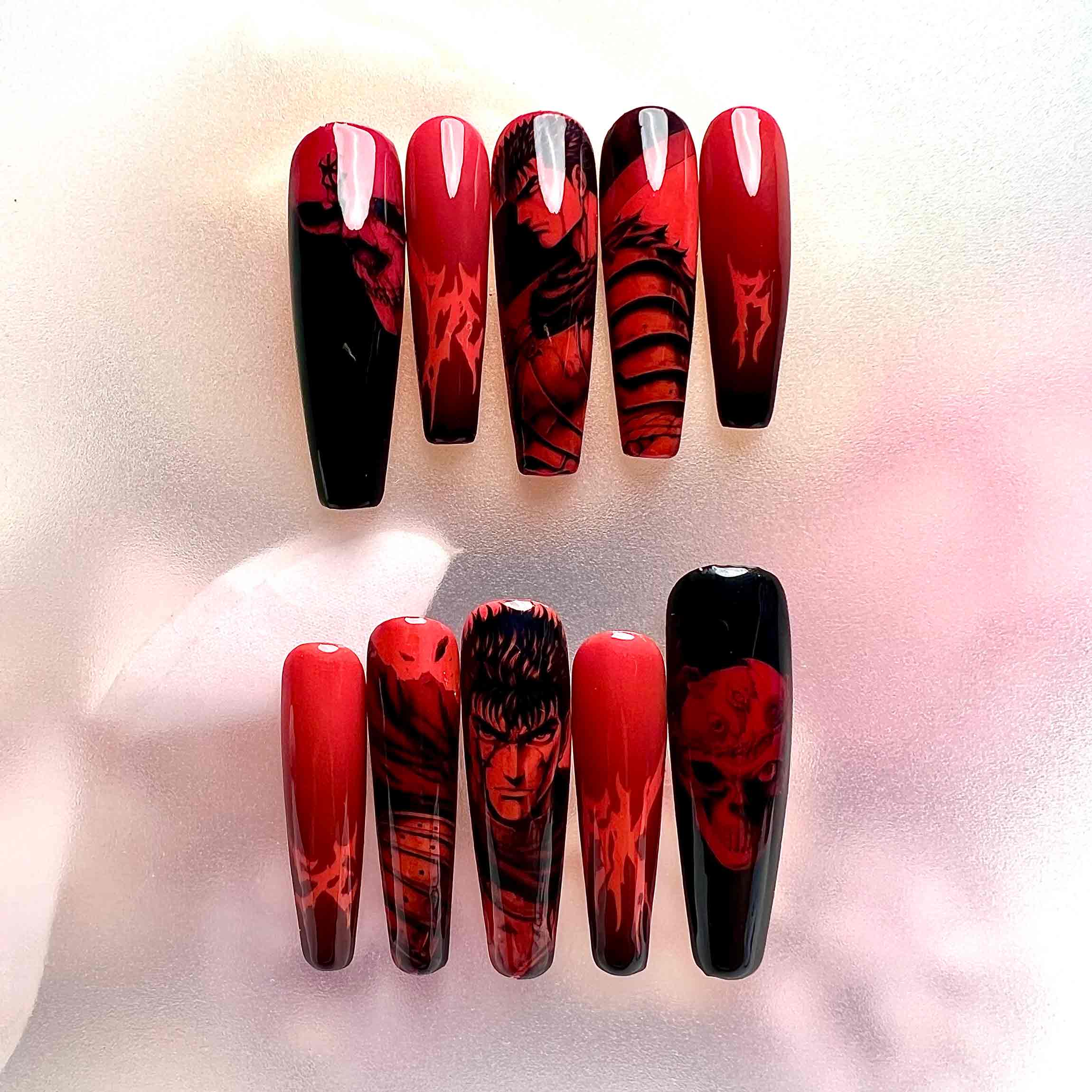 Glow-in-the-Dark Berserk Nails – Guts &amp; Brand of Sacrifice Press-On Set, Neon Green Skull Design | Dragonnail