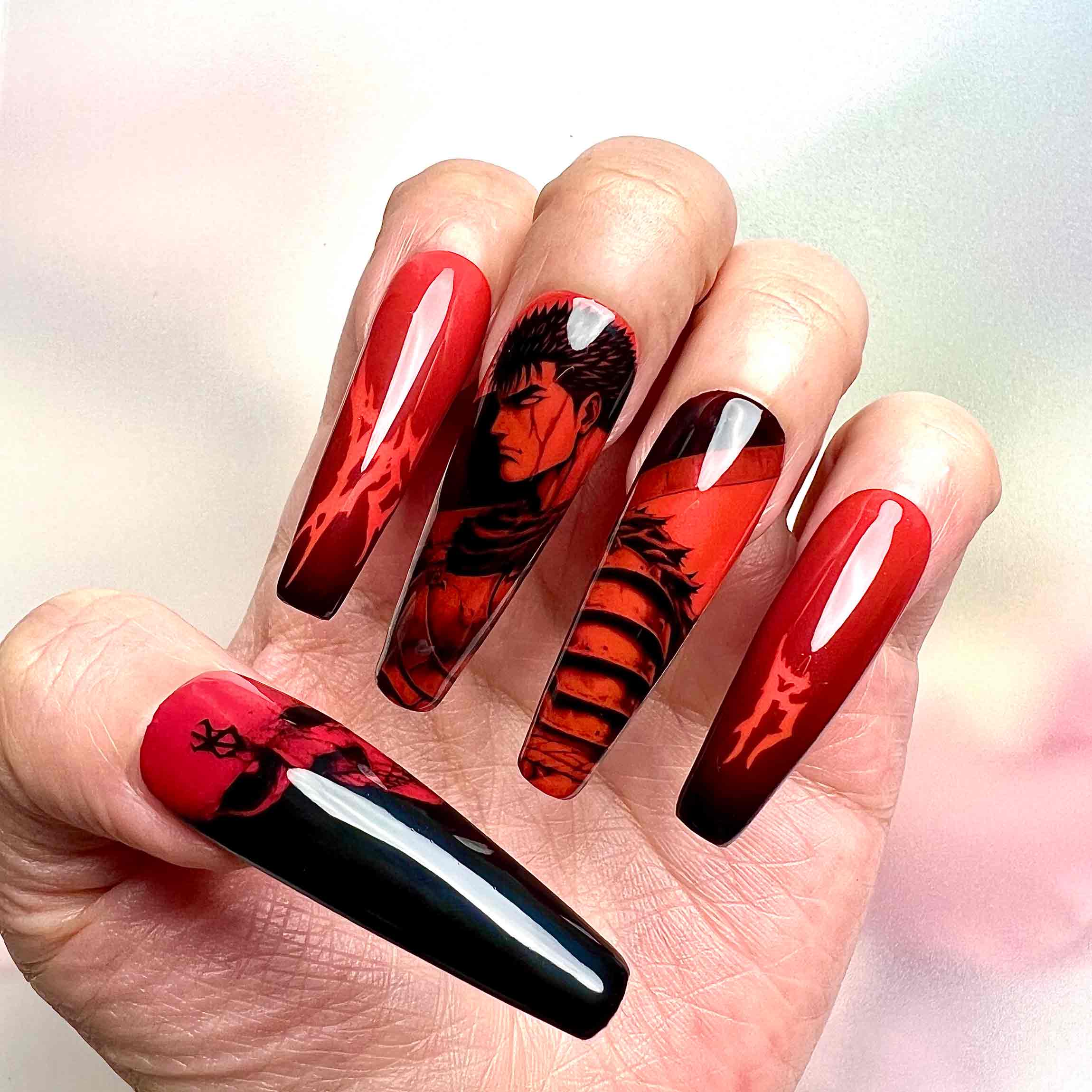 Glow-in-the-Dark Berserk Nails – Guts &amp; Brand of Sacrifice Press-On Set, Neon Green Skull Design | Dragonnail