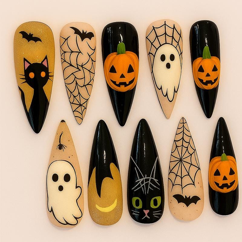 Halloween Black Cat Pumpkin Press On Nails 3d Nail Art For Halloween Party Holiday Almond Nails Spider Pumpkin Hand Painted Nails Dragonnail