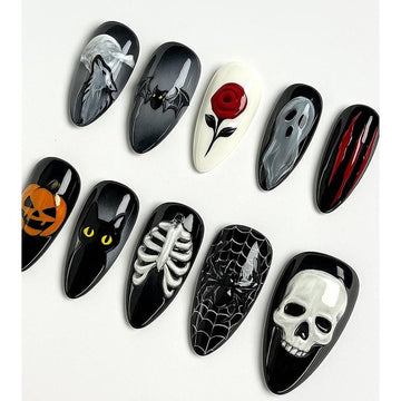 Halloween Gothic Press On Nails 3d Nail Art For Halloween Party Spooky Bat Almond Nails Skeleton Ghost Pumpkin Black Cat Nails Dragonnail