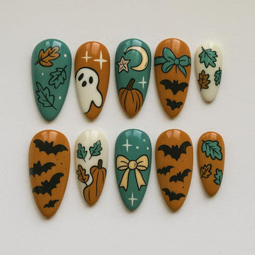 Halloween Pumpkin Bat Press On Nails 3d Nail Art For Halloween Party Spooky Bat Almond Nails Custom Handpainted Nails Dragonnail