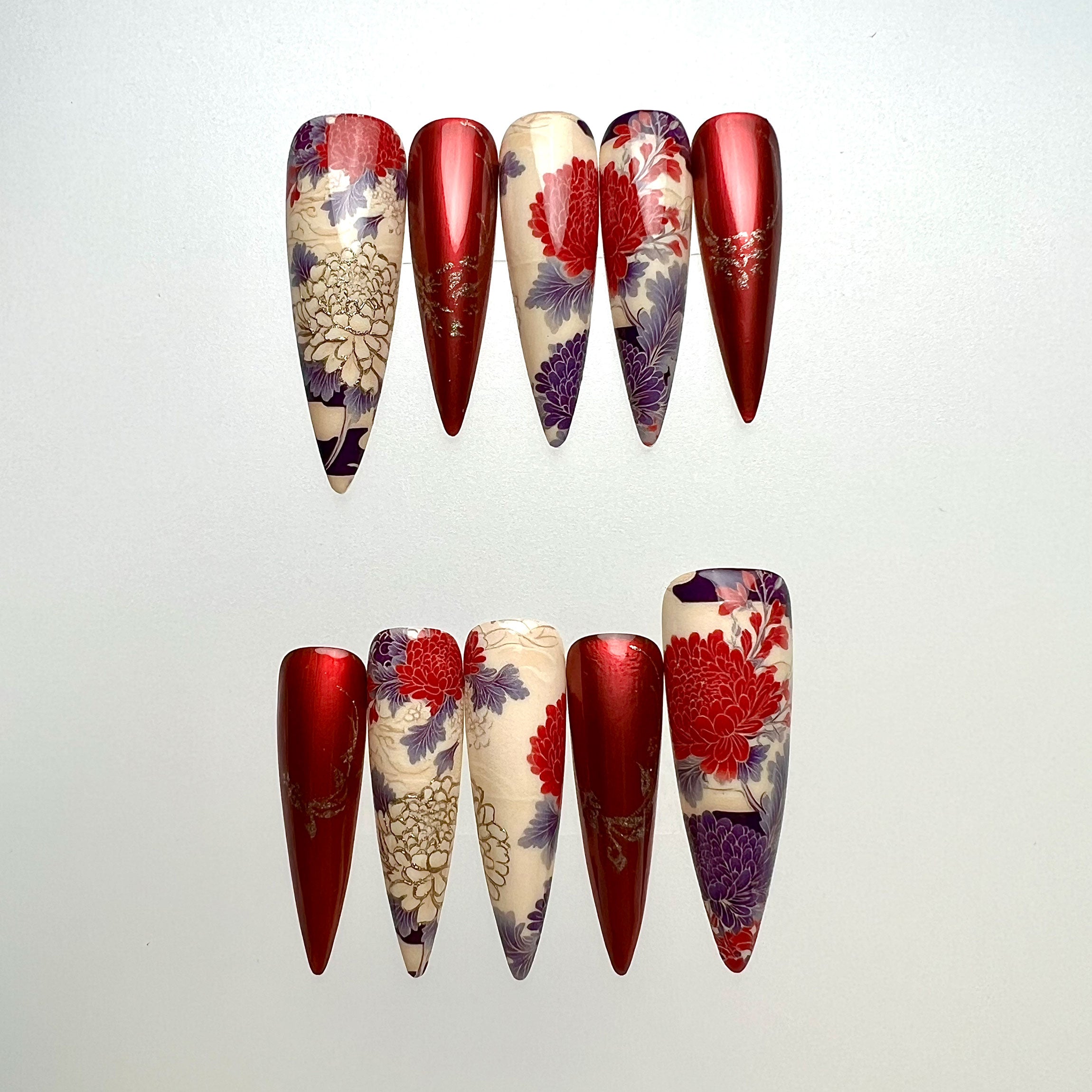 Japanese Floral Nails – Red Chrome Press-On Set, Purple &amp; Gold Chrysanthemum Art Design | Dragonnail