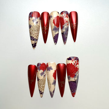 Japanese Floral Nails – Red Chrome Press-On Set, Purple &amp; Gold Chrysanthemum Art Design | Dragonnail