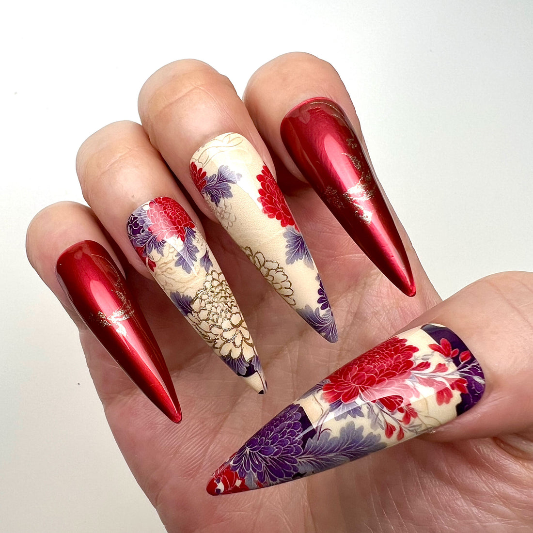 Japanese Floral Nails – Red Chrome Press-On Set, Purple &amp; Gold Chrysanthemum Art Design | Dragonnail